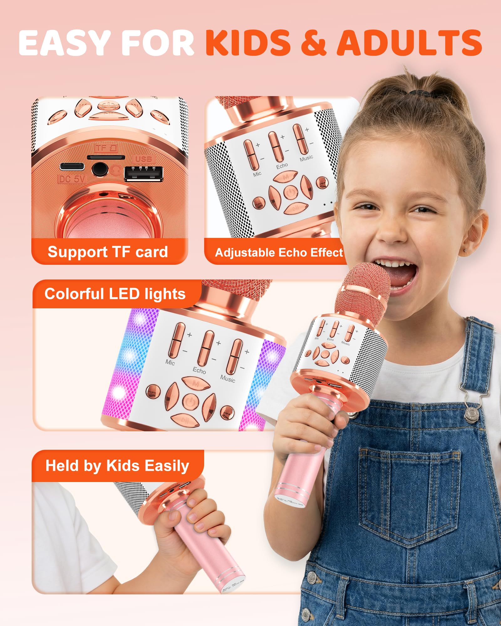 BONAOK Microphone Bluetooth sans Fil, Micro Enfants avec Lumières LED, Mini Machine Karaoké pour Fête/Maison/Anniversaire, Compatible avec Bluetooth iOS Android (Rose)