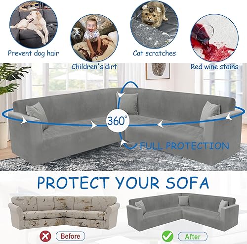 Miniatura 5 de HDCAXKJ Fundas de terciopelo para sofá esquinero en forma de L, juego de fundas elásticas para sofá seccional, fundas lavables en forma de U con