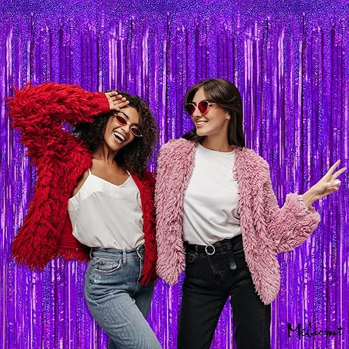 Miniatura 4 de Paquete de 4 cortinas de fondo de flecos morados de 3.2 x 8.2 pies, fondo de flecos metálicos brillantes para cabina de fotos, cumpleaños, boda,