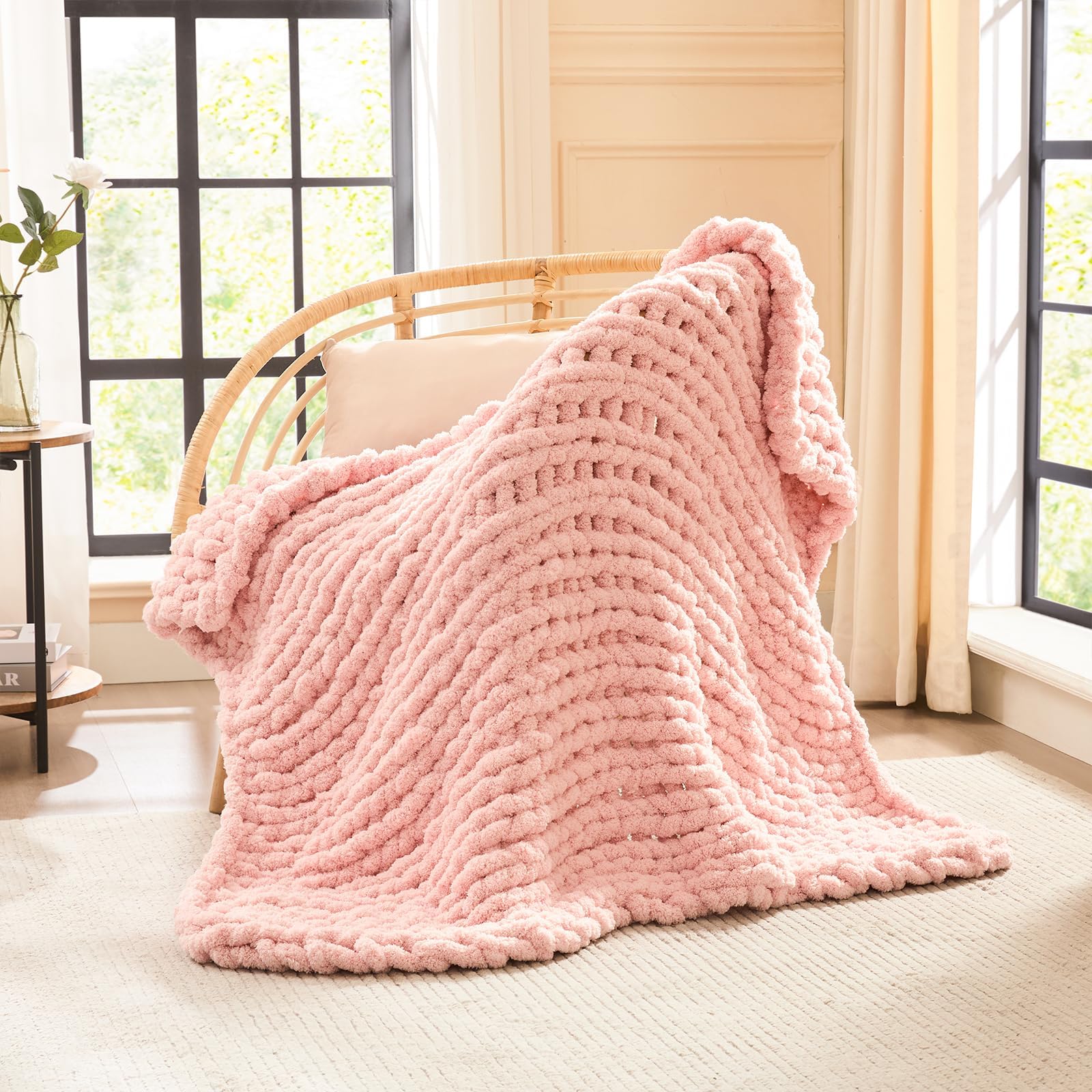 L'AGRATY Chunky Knit Blanket Throw,Soft Chenille Yarn Throw Blanket 100x150cm，Handmade Cable Knit Crochet Blanket,Large Knit Blankets Throw Blanket for Couch Sofa Bed Home Decor (Throw,Pink)