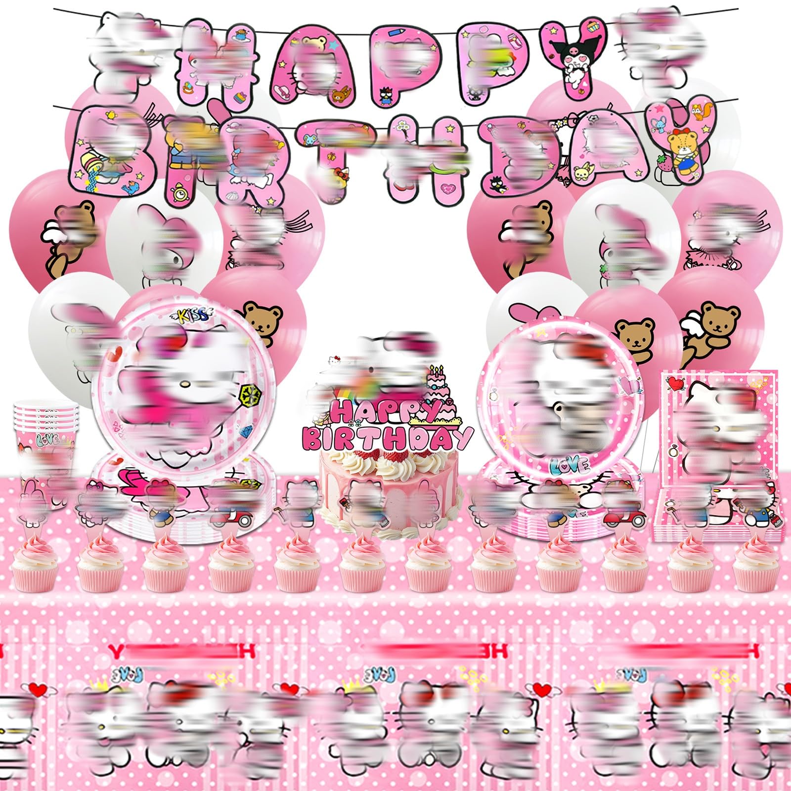83Pcs Kity Birthday Decorations, Pink Birthday Party Decorations, Kids' Party Tableware Set with Balloons Cake Toppers Banner Plates Tablecloth Napkins Cup for Fans Girls