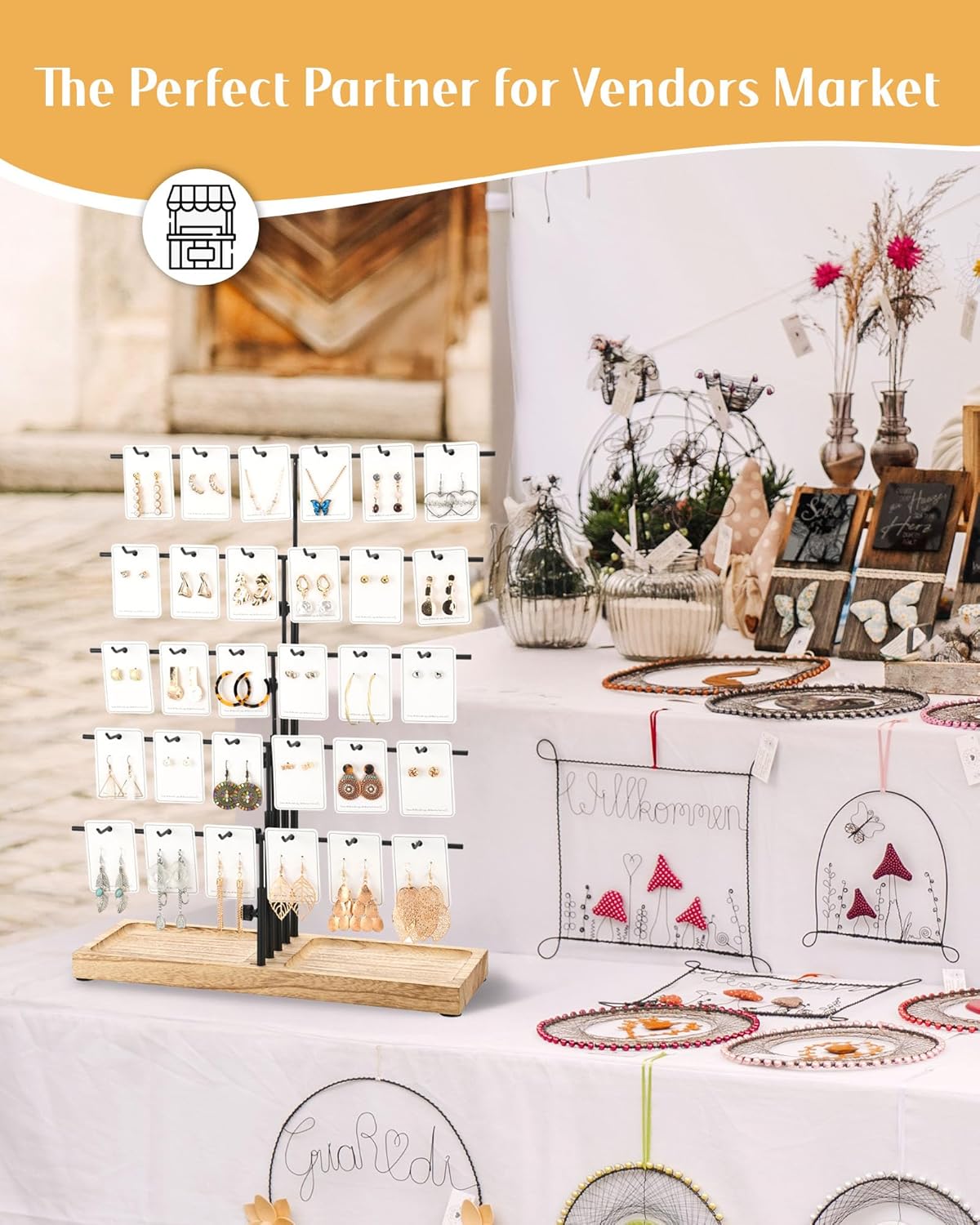 HULISEN Earring Display for Vendors, Adjustable Height Earring Display Stands for Selling, Jewelry Display for Earrings Card, Earrings Rack Display Holder with Tray, 30 Hooks, Carbonized Brown - Image 6