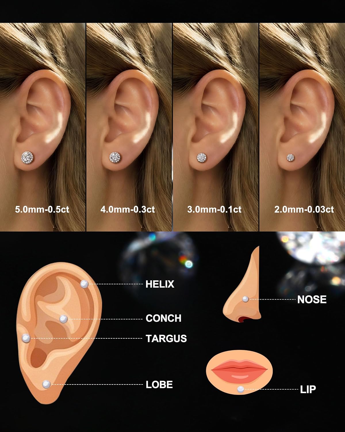 Jewseen Helix Tragus Conch Cartilage Stud Earring Nose Lip Ring