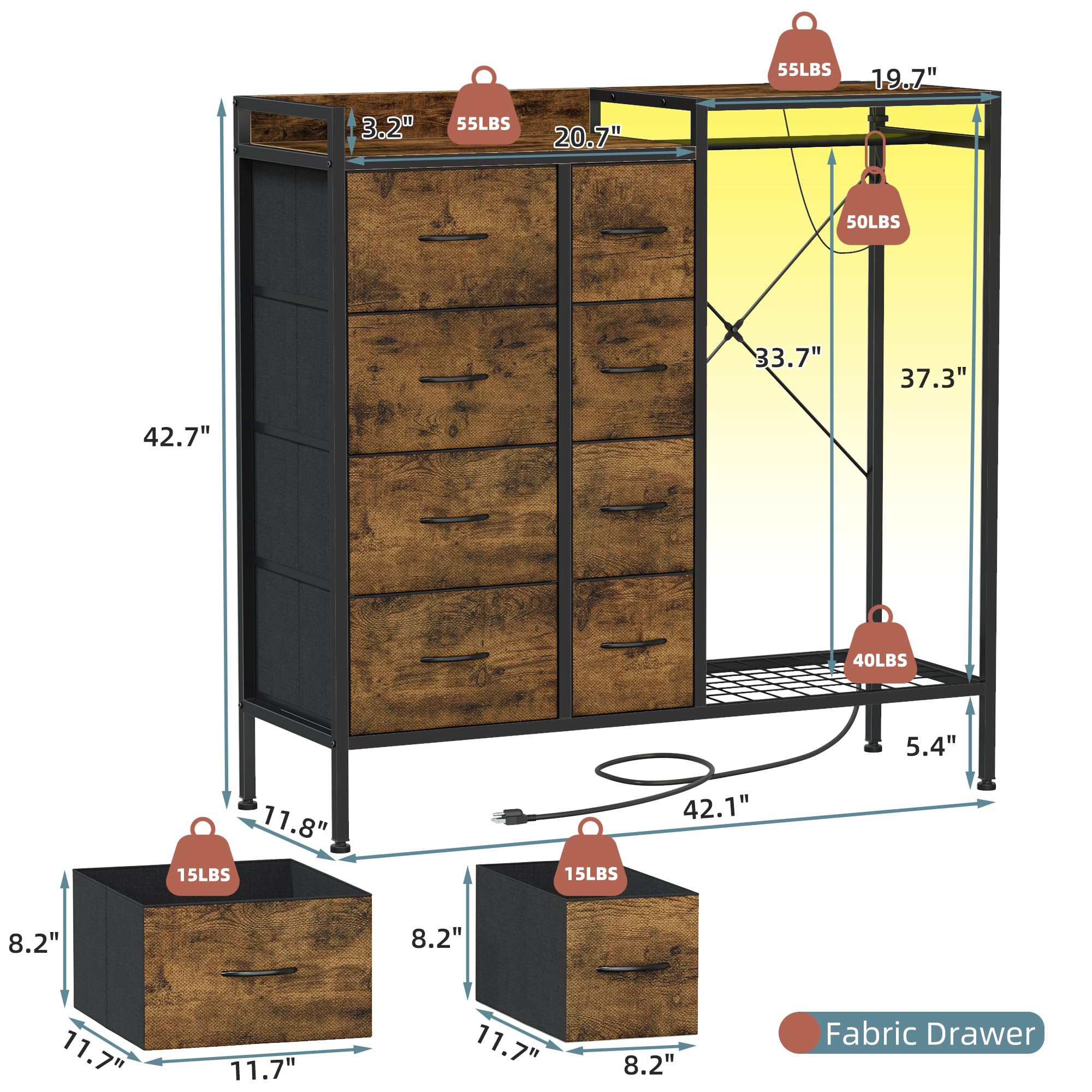 Cómoda de 8 cajones con perchero, cómoda LED con estación de carga, cómodas altas con zapatero para ropa y almacenamiento de zapatos, cómoda con parte superior de madera para dormitorio 9
