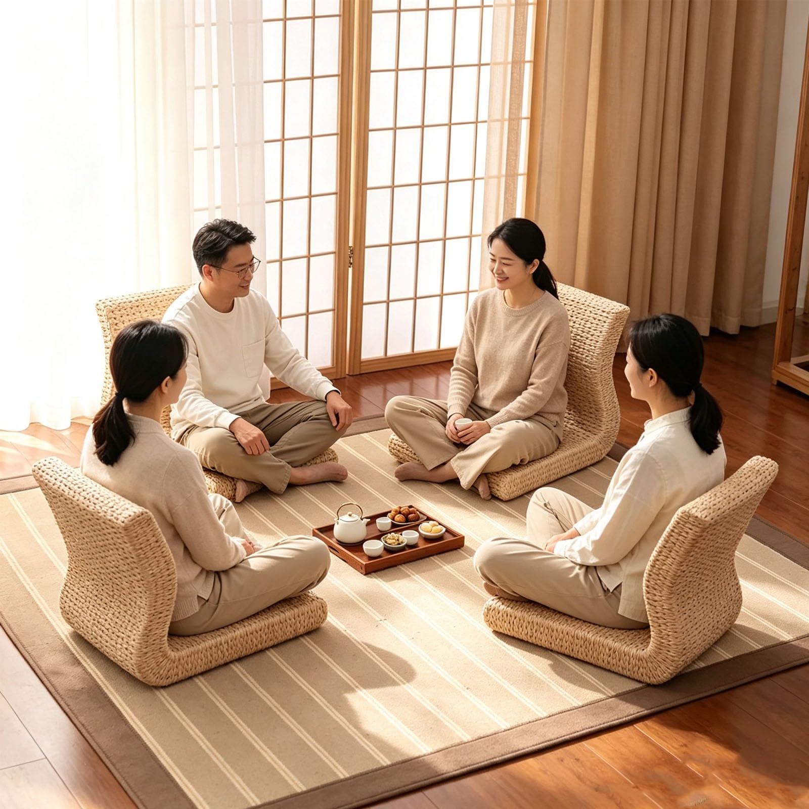 Sedia Senza Gambe da Pavimento Giapponese, Sedia Tradizionale Tatami con Supporto for La Schiena, Cuscino for Finestra a Bovindo for Divano Pigro in Vimini(Banana Leaves)