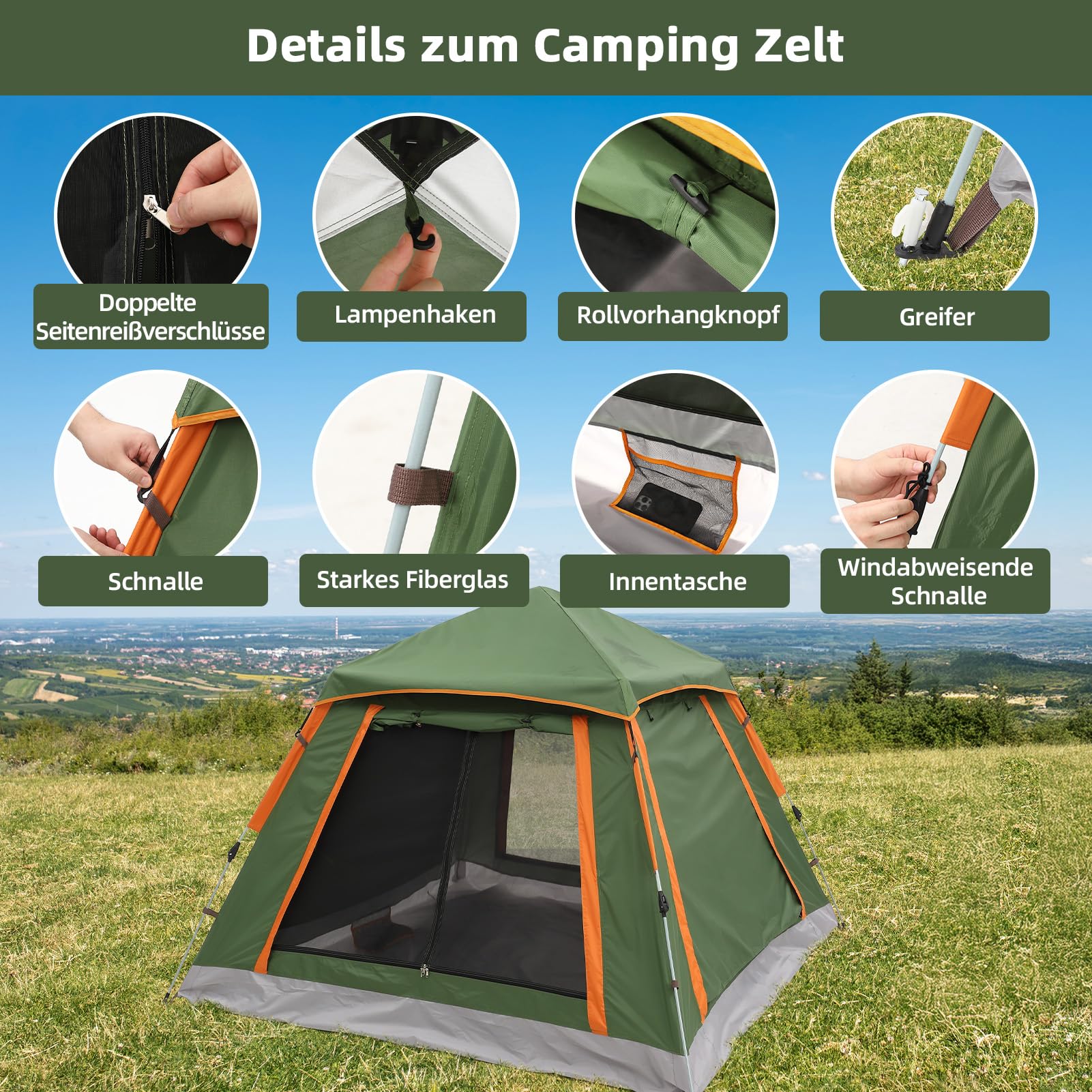 HAUSPROFI Camping Zelt 2-3 Personen Pop Up Zelt Automatisches Wurfzelt, Wasserdicht Winddicht mit Vorzelt Fenster, Doppelschicht Kuppelzelt 4 Jahreszeiten, Moskitoschutz für Familien Camping Festival