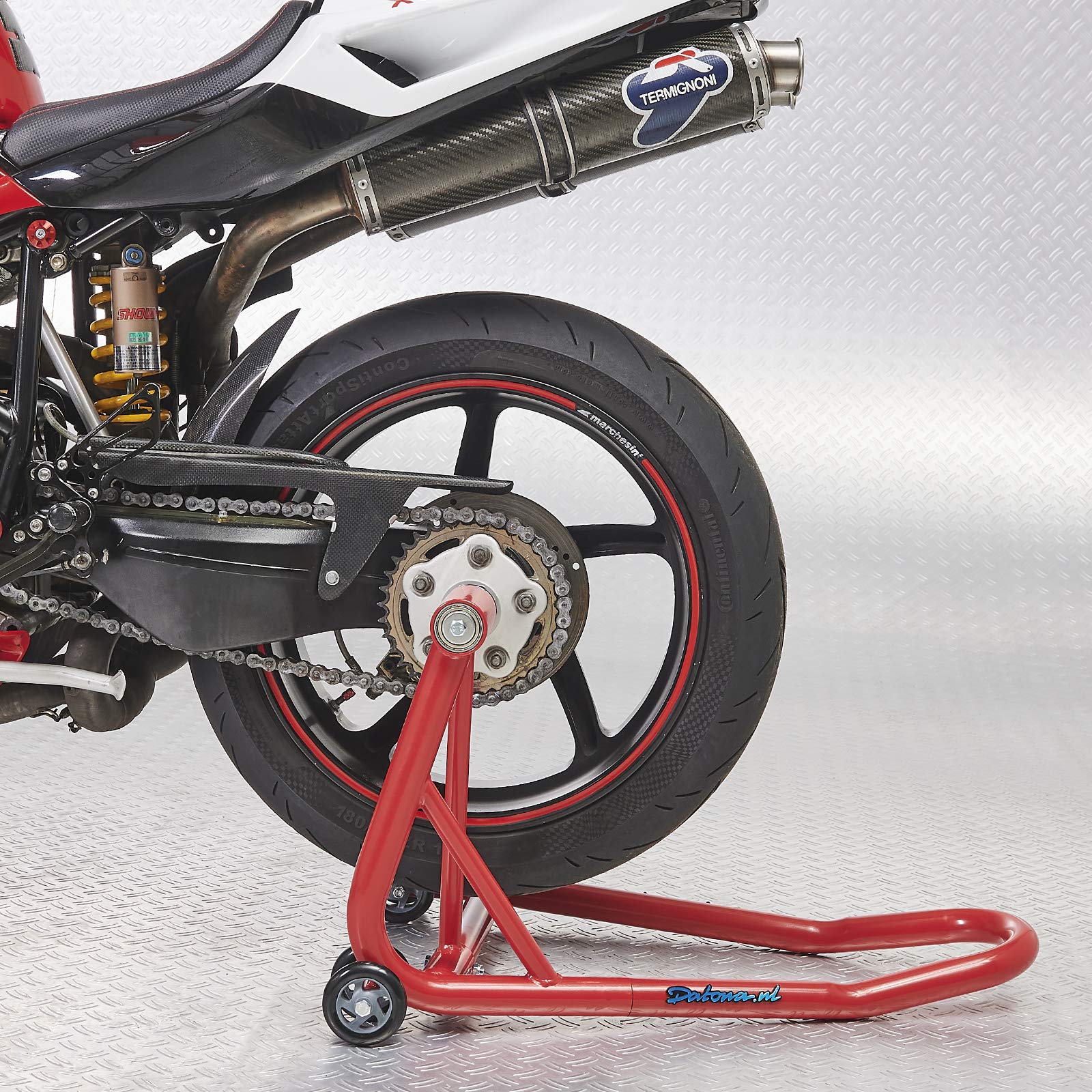 Einarm Motorrad Montageständer - Hinterradständer für einseitige Schwinge mit 21,7 & 25,7 mm Aufnahme - 200 kg Tragkraft, 4 Rollen, Schwarz