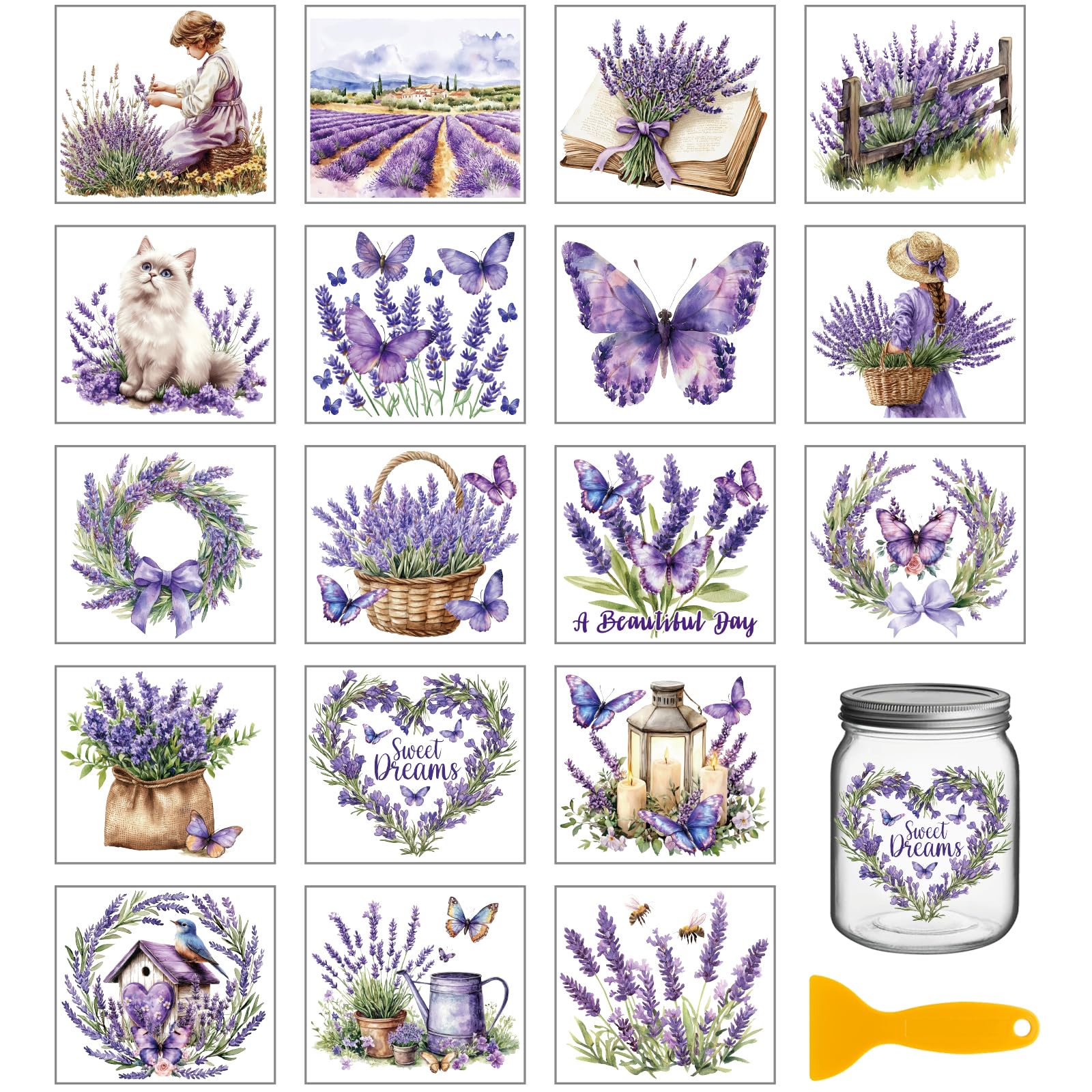 GLOBLELAND 18 Sheets Retro Lavender Rub on Transfer 3.9x3.6inch Colorful Flowers Butterfly Vase Home Decals Cat Cup Transfer Stickers for Furniture Vase Glass Art Crafts Decorations