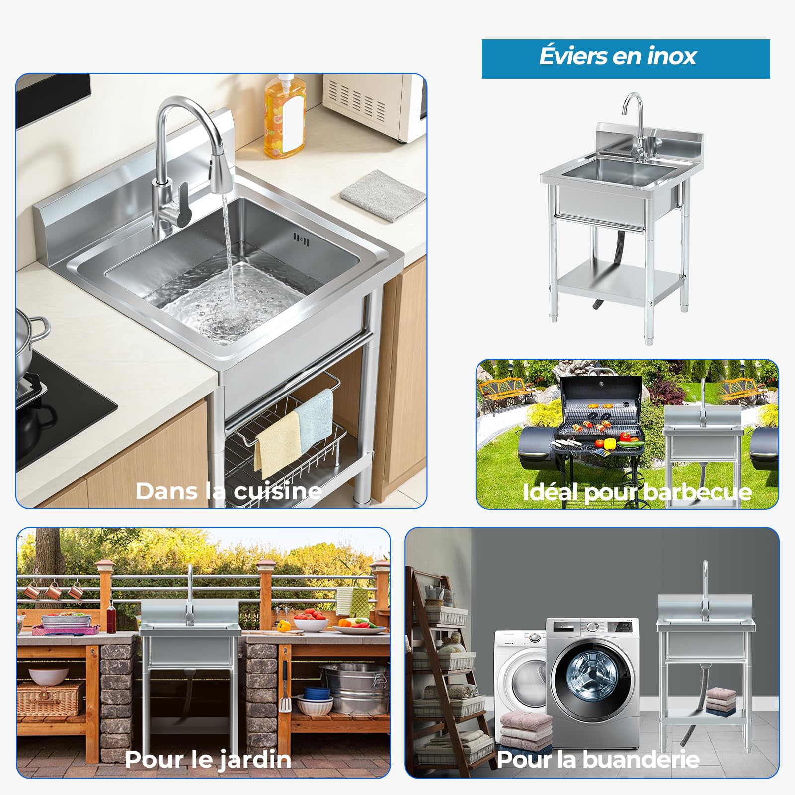 RiveraSink Évier Extérieur Inox Autoportant 50×50×80 cm, Plonge Professionnelle en Acier Inoxydable avec Robinet, Étagère et Dosseret, pour Cuisine, Garage, Buanderie et Restaurant