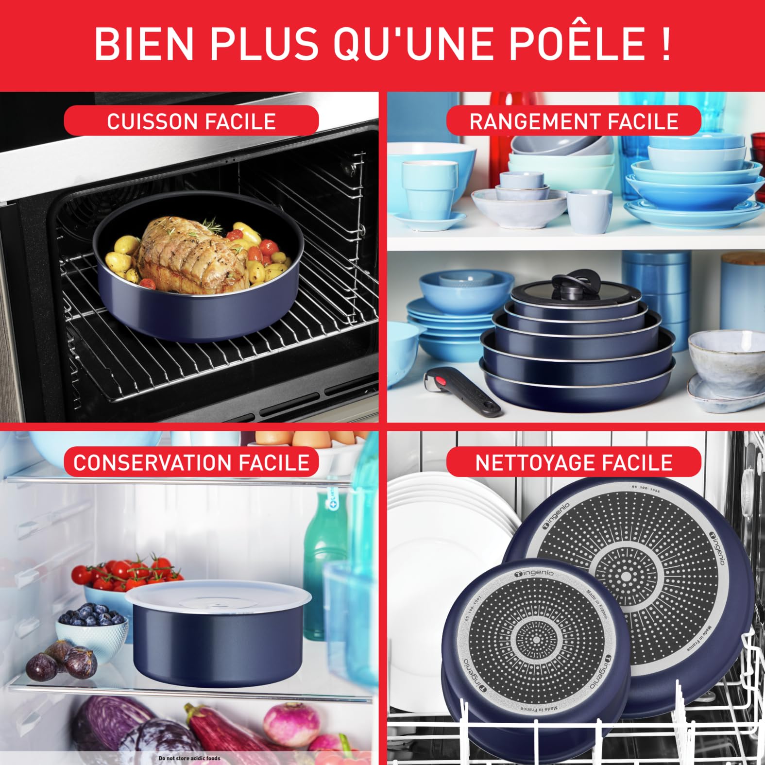 Tefal Ingenio Lot de 5 pièces, Poêles 24/26 cm, Casseroles 16/18 cm, Poignée amovible, Non induction, Revêtement antiadhésif, Empilable, Fabriqué en France, Easy Cook and Clean L1539202