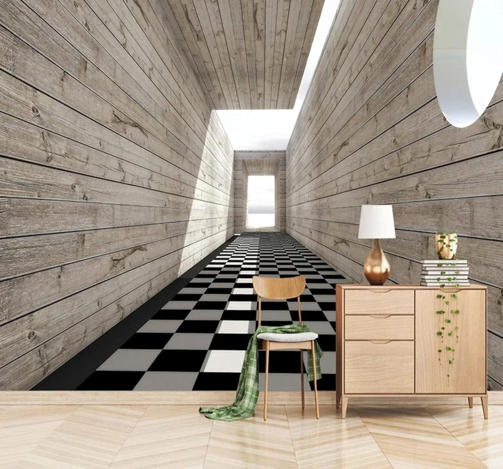 XLMING Three Dimensional Wood Grain Corridor Visual Spatial Expansion 3D Wallpaper Premium Textured Silk Study Dining Living Room Bedroom Sofa TV Wall Easy Install-250cm×170cm