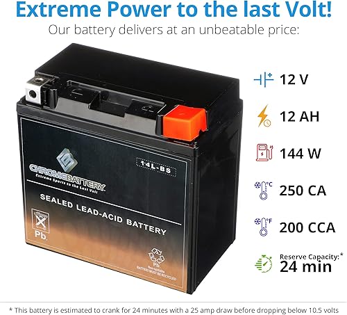 Miniatura 3 de Chrome Battery YTX14L-BS Batería de repuesto sin mantenimiento para motocicleta Harley-Davidson 2004-21 12 voltios, 1.4 amperios, 12 Ah, terminal de