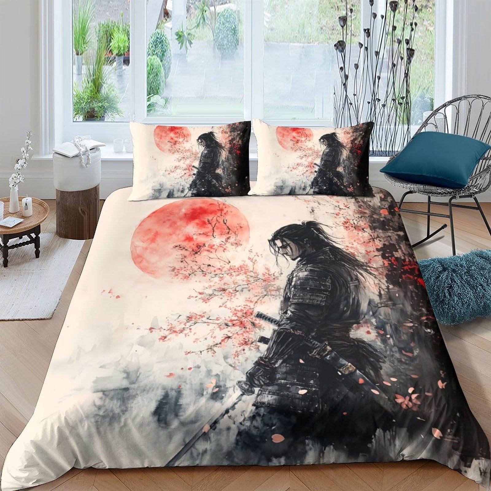 Ctjqhvkz Style-8 3D Printed Samurai Cherry Blossom Fitted Sheet Microfiber Soft Breathable Rising Sun Mattress Cover For Bedroom Decor Single（135X200cm）