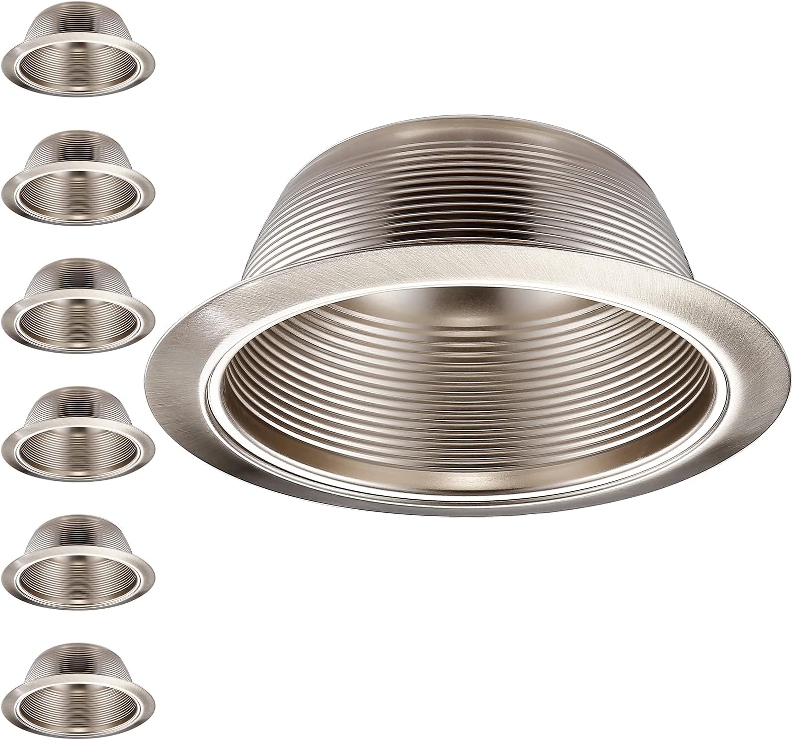 6 Inch Recessed Can Light Trim Stylish Decor, Step Baffle with Detachable Ring, Full Metal, Fit Halo/Juno Remodel Recessed Housing, Satin Nickel, Pack of 6