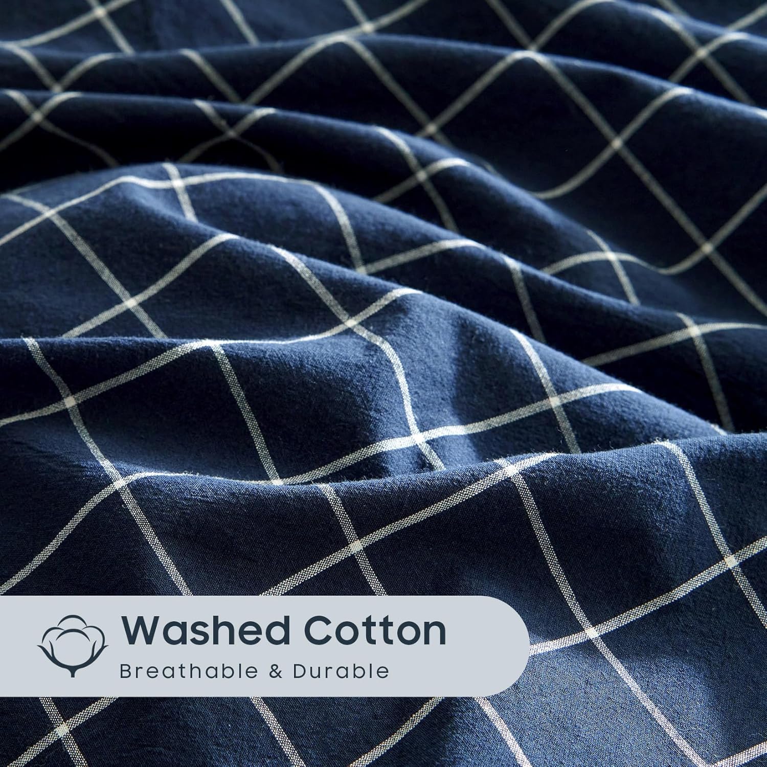 Wake In Cloud - Grid Cotton Duvet Cover Set, Plaid Checkered Geometric Farmhouse, 100% Washed Cotton Textured Bedding Set, 3 Pieces, Navy Blue, Queen Size