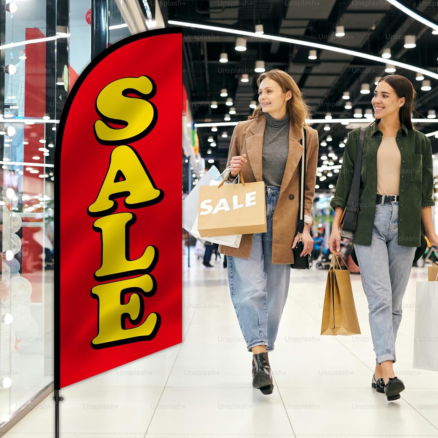 Anley 7.5 FT Sale Feather Flag Banner Kit - Outdoor Swooper Advertising Flags with Pole and Stake - Sale Sign for Storefront, Discount Promotions, Events, Retail Sales - Weather Resistant & Easy Setup