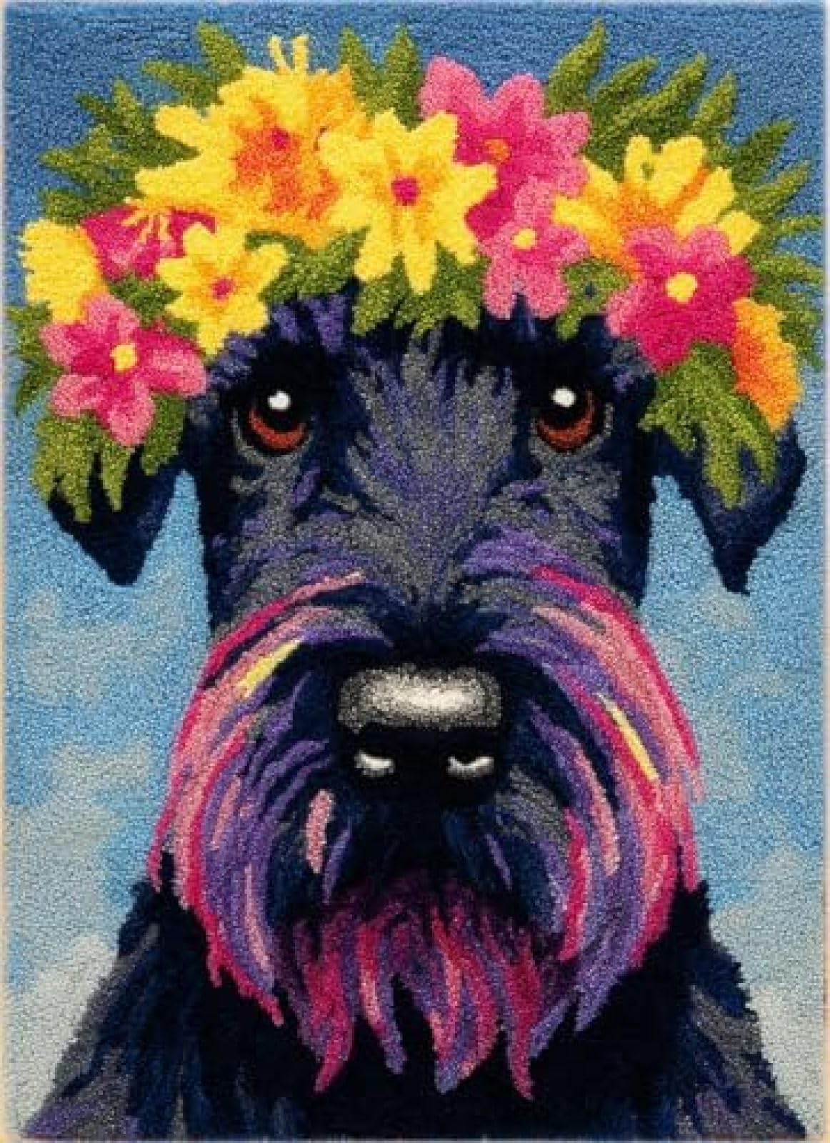 XDEGHUANGSS Latch Hook Rug Kit Giant Schnauzers Dog Puppy Wear Flower Wreath Cushion Cover DIY Craft Set Pre-Printed Mat 38x52cm for Home Decor