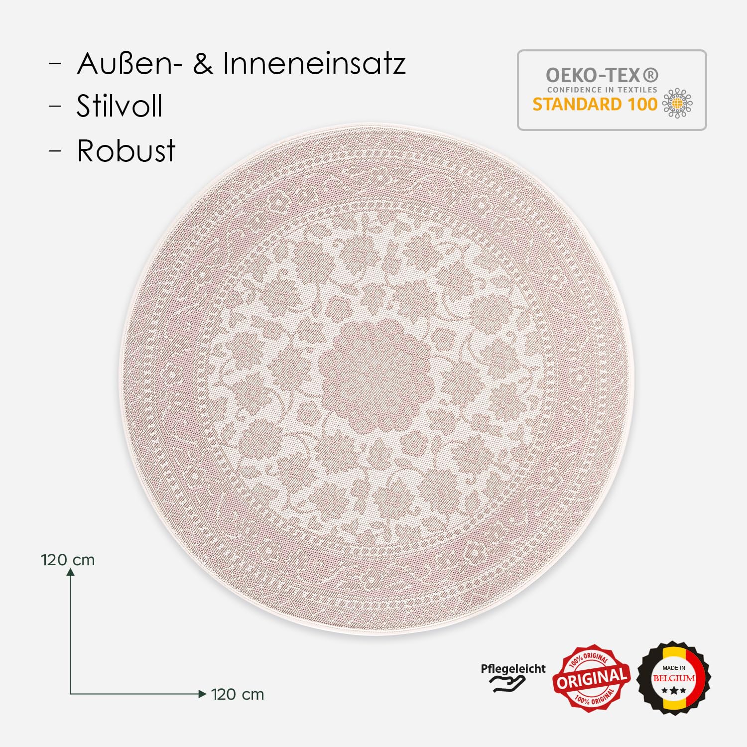 DomDeco In- und Outdoor-Teppich Rund - 120x120cm - Stilvoller Teppich für Innen- und Außenbereich - Beige-Rosé