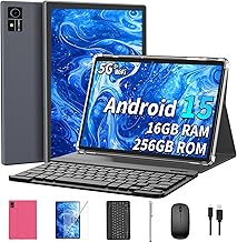 Tablet Android 15 con teclado, 16 GB (8 + 8) RAM+256 de almacenamiento (ampliar a 2 TB), batería de 8000 mAh, Widevine L1, tabletas 2 en 1 de 10 pulgadas con WiFi 5G/2.4G, BT5.0, certificado GMS, con