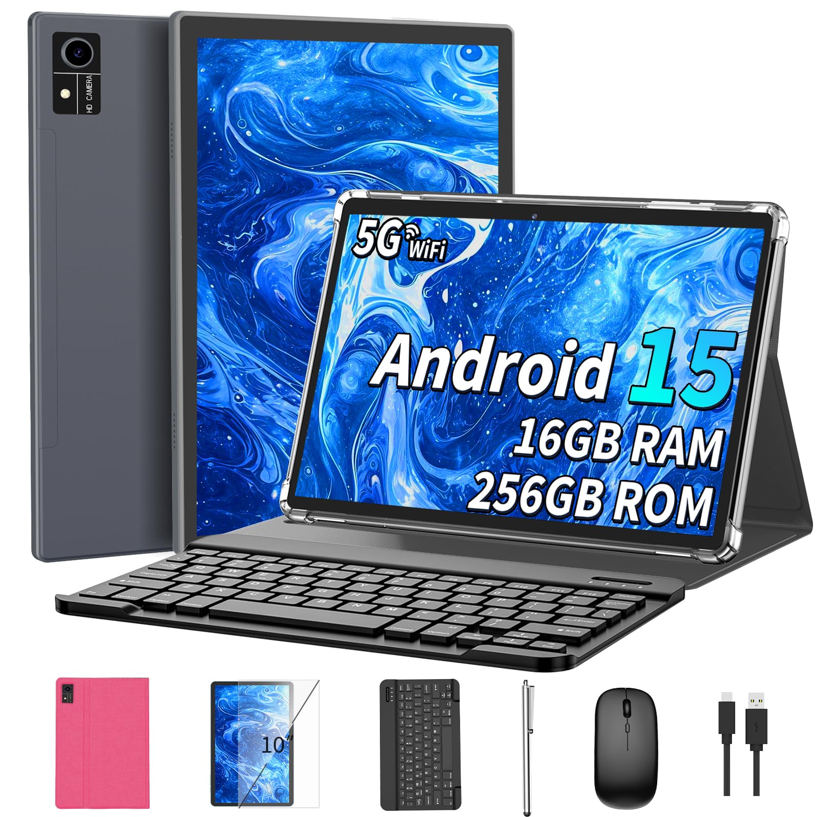 Android 15 Tablet with Keyboard, 16GB(8+8)RAM+256 Storage(Expand to 2TB), 8000mAh Battery, Widevine L1,10 Inch 2-in-1 Tablets with 5G/2.4G WiFi, BT5.0, GMS Certified, with Mouse, Case, Stylus(Pink)