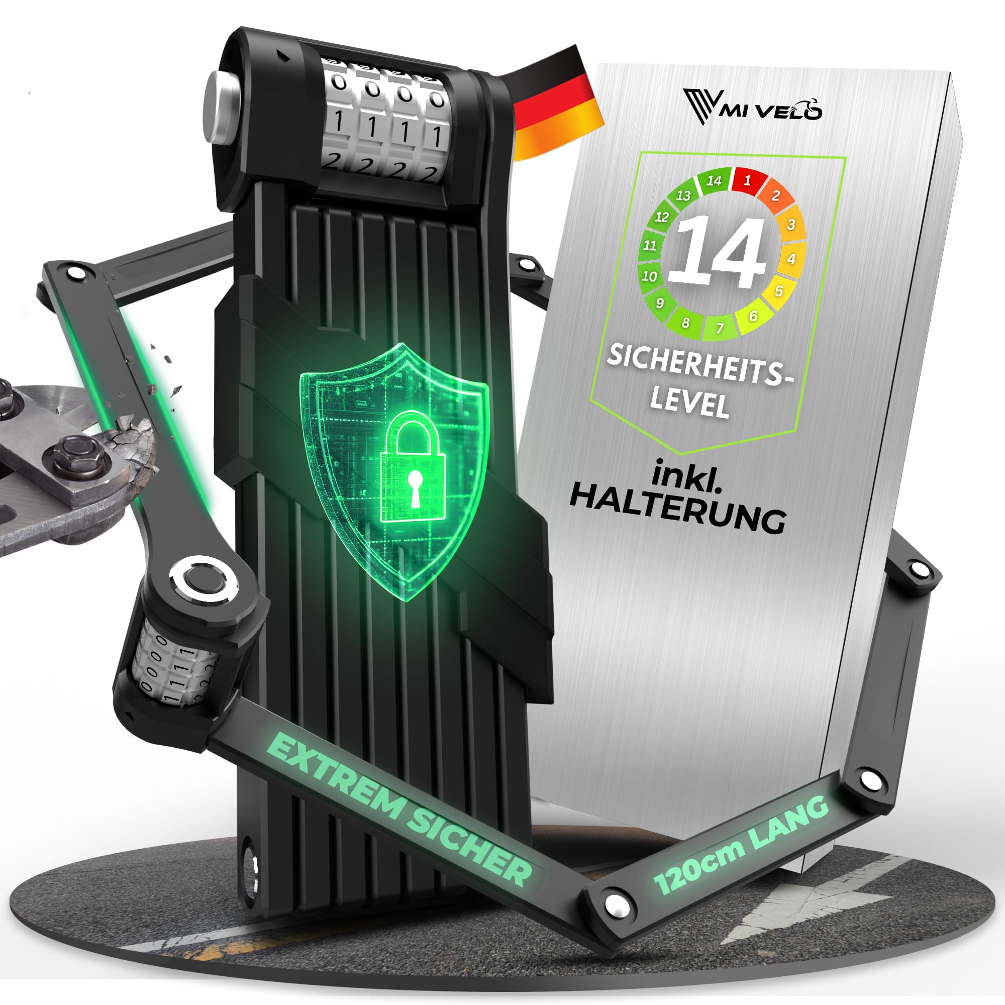 MIVELO Fahrradschloss Faltschloss extra sicher I Faltschloss Zahlenschloss mit 10.000 möglichen Kombinationen inkl. Halterung I Radschloss – Schloss für Fahrrad & E-Scooter 90/120cm (120cm)