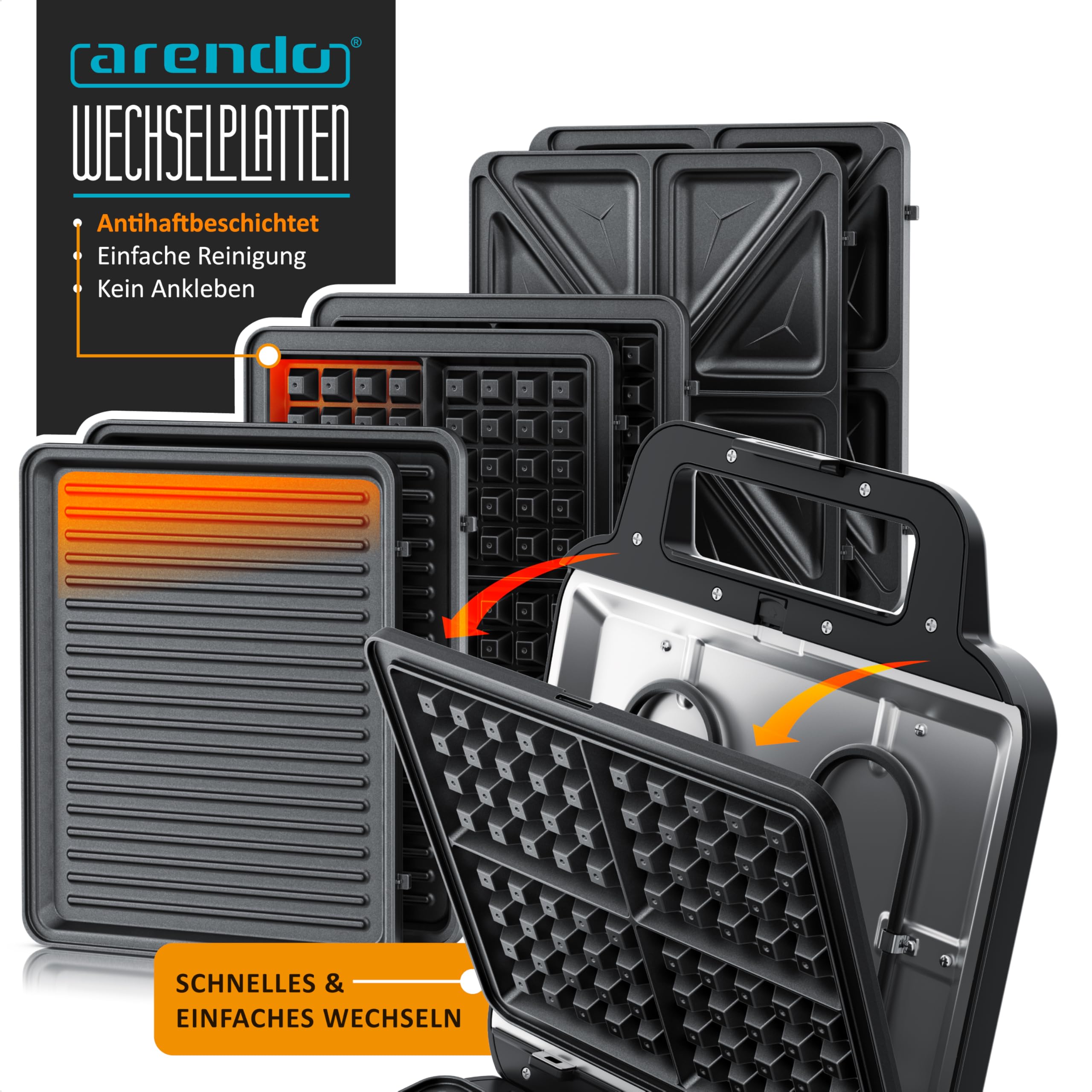 Arendo - Waffeleisen XXL 4er - 3 in 1 Sandwichmaker Kontaktgrill mit abnehmbaren Platten - mit Antihaftbeschichtung - Sandwichtoaster - 4er Platten - belgische Waffeln
