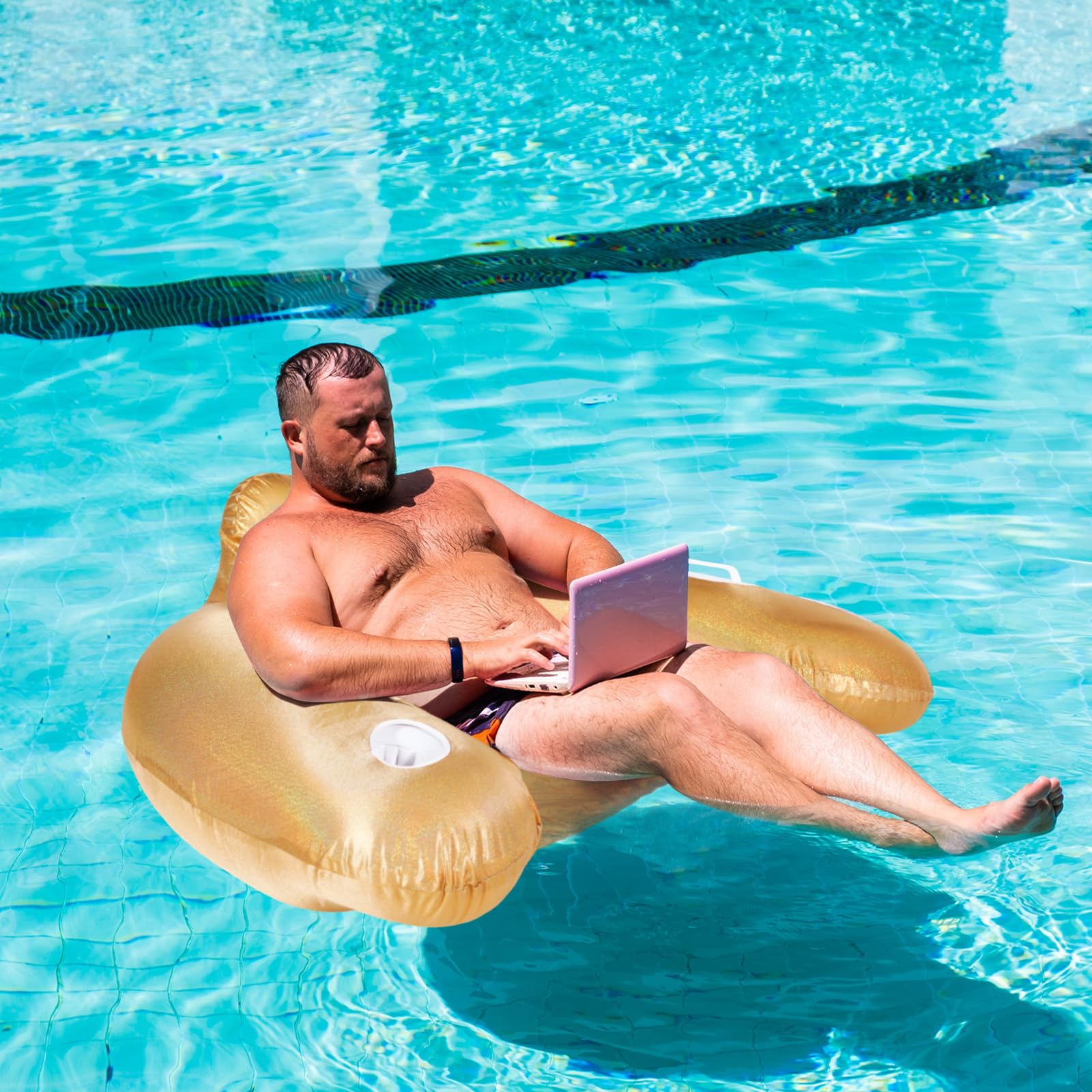 Wenqik 47'' Giant Pool Float Seat with Fabric Covered for Adult Glitter Inflatable Pool Float Chair Lounger with Seat Back Cup Holder Jumbo Water Chair Float Large Swimming for Pool Lake