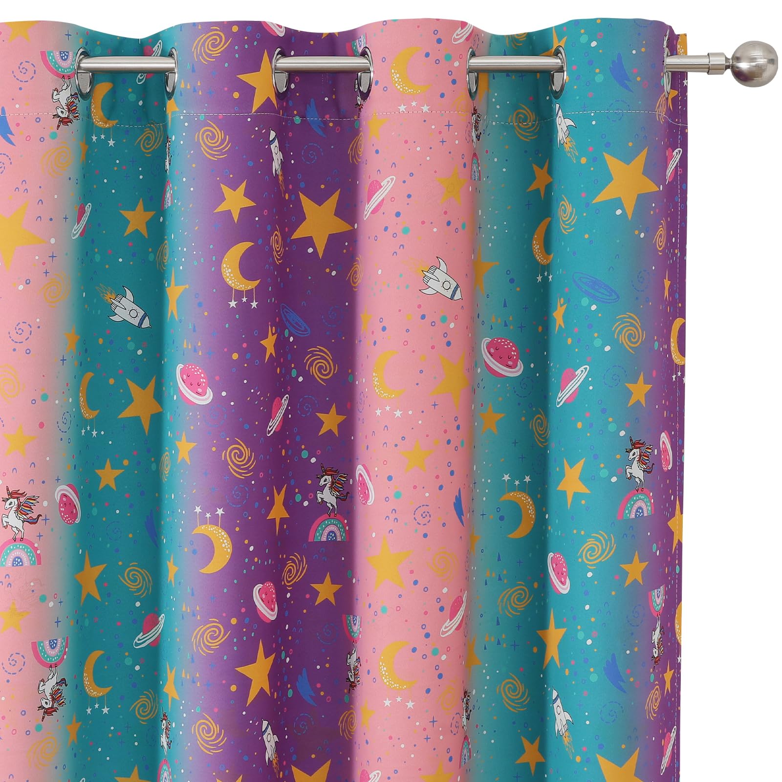 Pink Purple Teal Unicorn Blackout Curtains 63 Inch Length for Kids Bedroom
