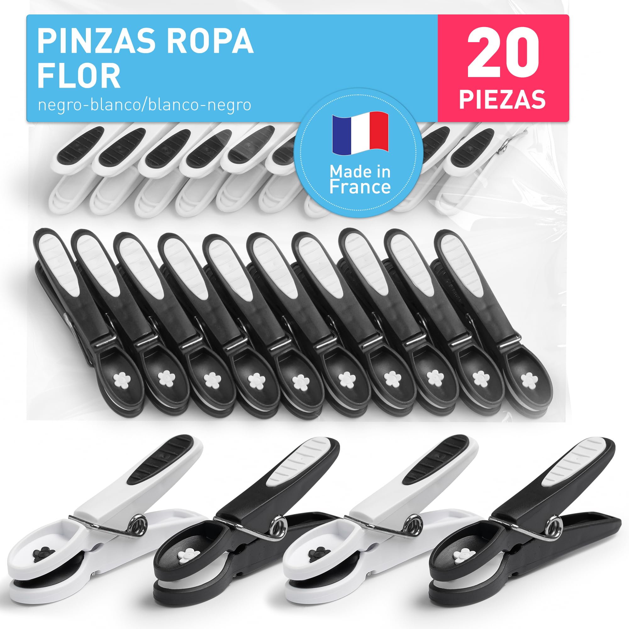 Culiclean Pinzas Ropa Fuertes – 20 Pinzas para Tender Ropa Que No Dejan Marca – Plástico Resistente y BPA-Free – Fabricado en Francia – Flor, Negro-Blanco/Blanco-Negro