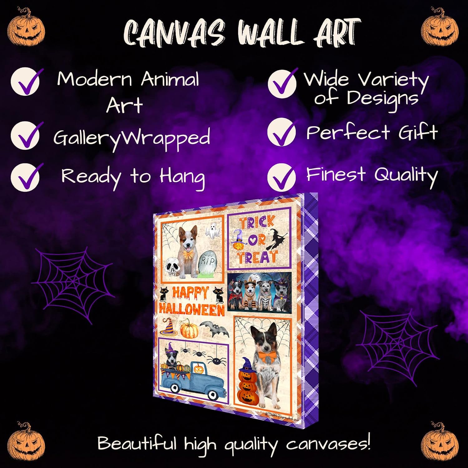 Doggie of the Day Happy Halloween with Australian Cattle Dogs Canvas Wall Art - Premium Quality Ready to Hang Room Decor - Flat Rolled 11" x 14"