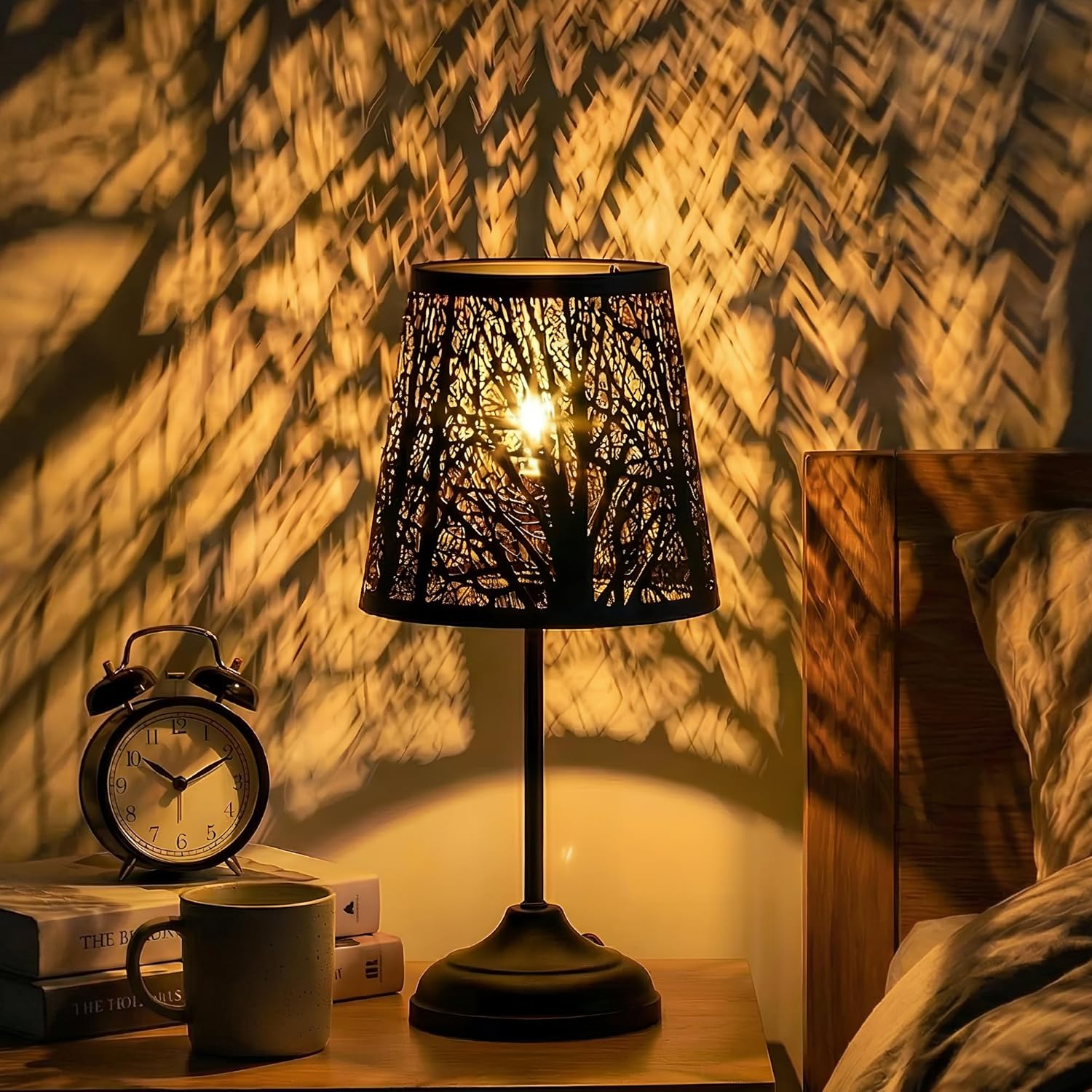 ZQQLITE Touch Control Table Lamp, Black Metal Tree Pattern Shadow Lamp Lights Mini Lamps with dimmable 3-Levels Brightness Vintage Accent Decor Lamp Indoor Mood Lighting Bedroom Living Room (Black)