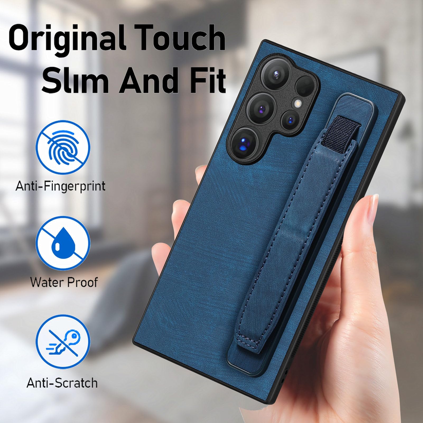 Omio Designed For Galaxy S24 Ultra Leather Case With Stand & Strap, Wrist Strap Leather Back Cover Hard PC Shockproof Finger Grip Case For Galaxy S24