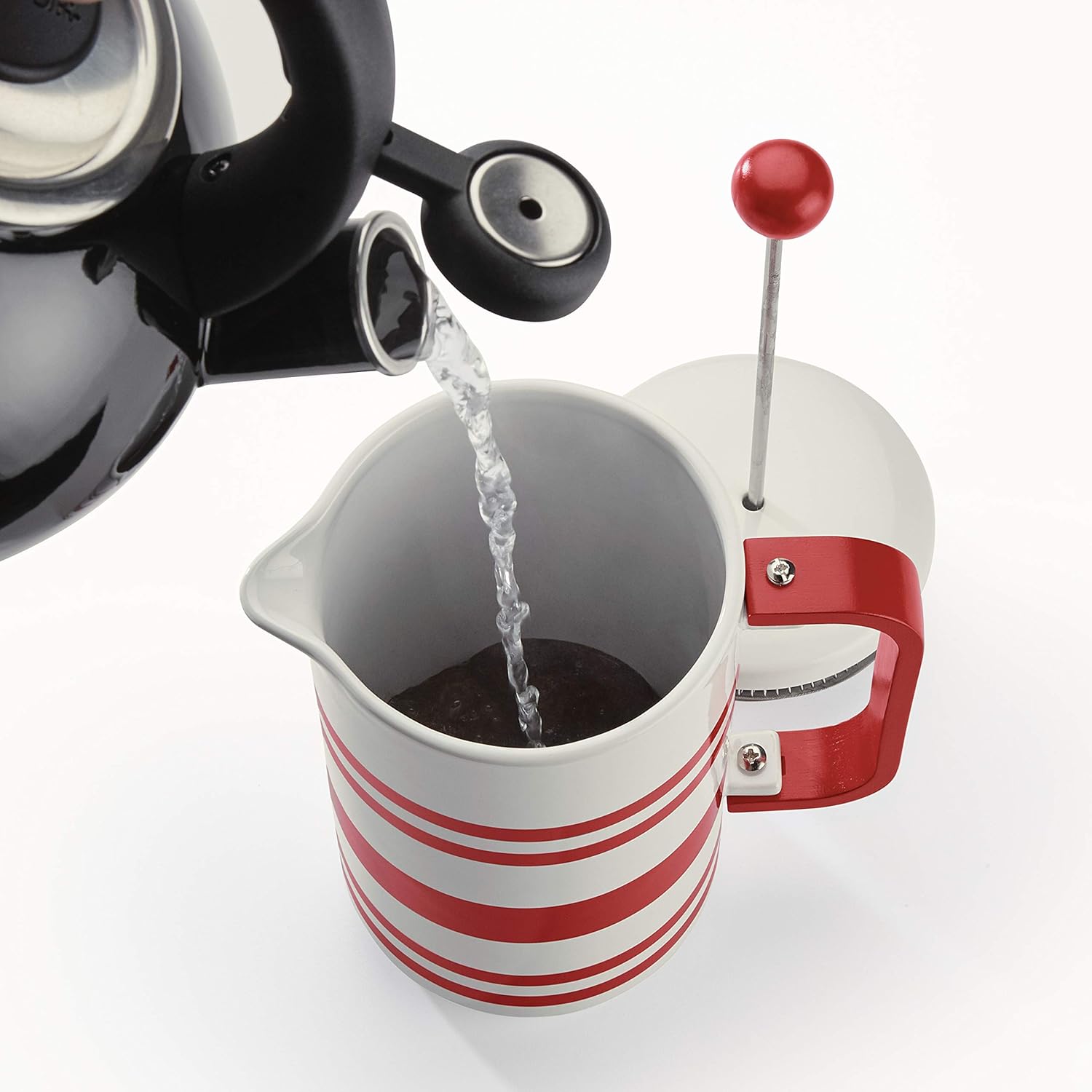 BonJour Hot Beverage Ceramic French Press Coffee Maker with Flavor Lock Filter and Bamboo Handle, 32 Ounce, Red Stripes