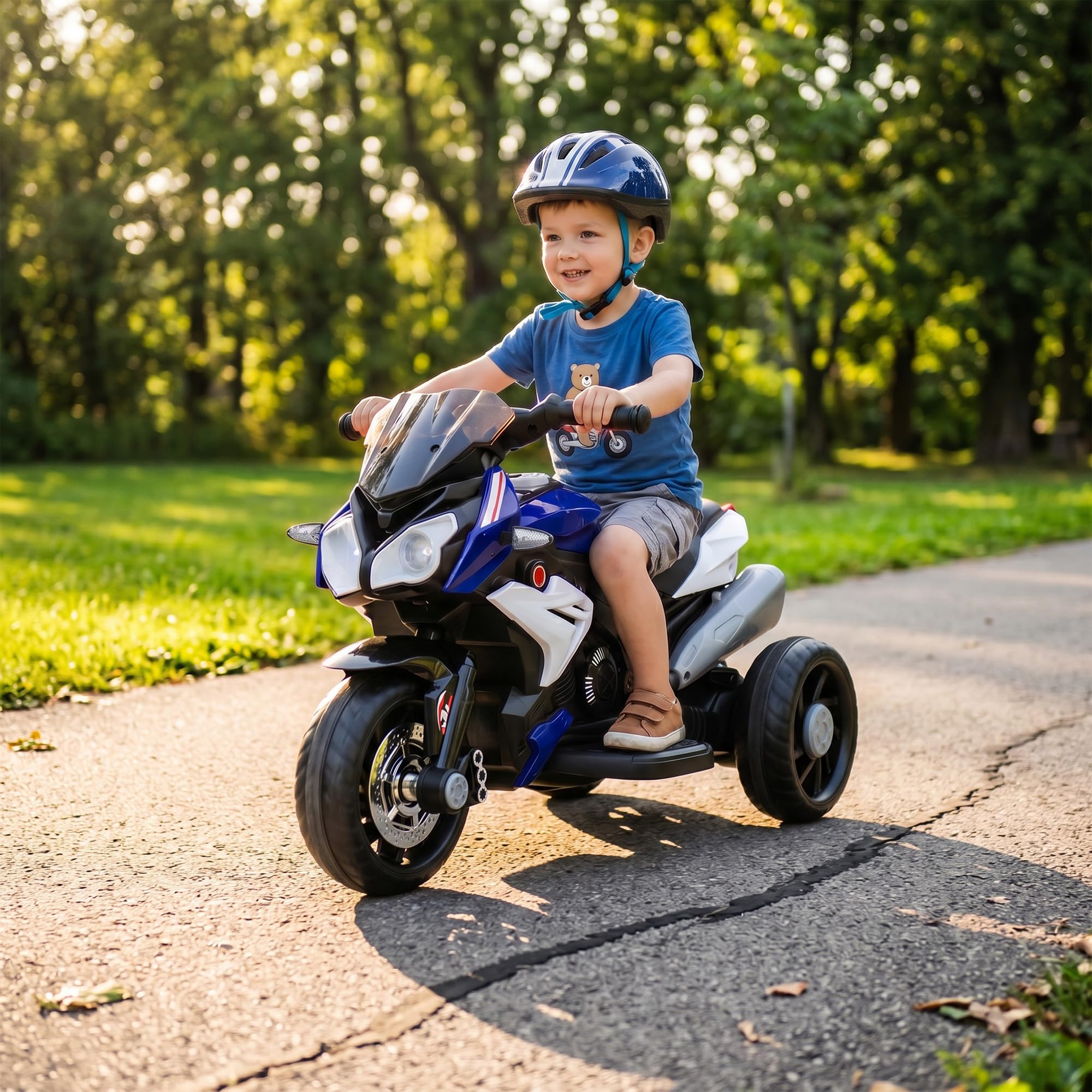 HOMCOM Elektryczny motocykl dziecięcy z muzyką 3-5 lat 3 km/h nieb+biał | Reflektor, elektryczny motocykl, motocykl dla dzieci, maks. 25 kg
