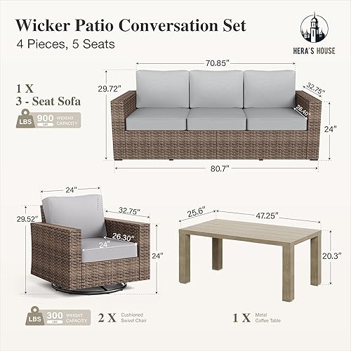 Miniatura 6 de HERA'S HOUSE Juego de conversación de muebles de patio, sillas de mimbre giratorias para exteriores con reposabrazos ampliados de 4.92 pulgadas,