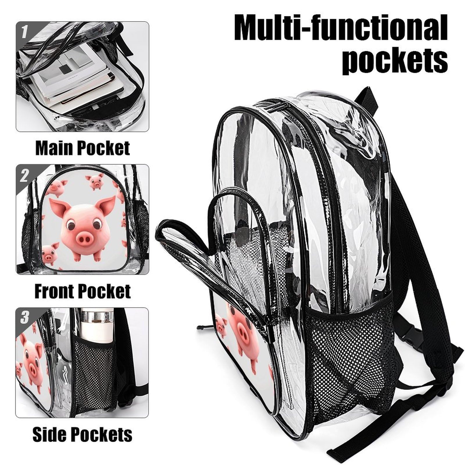 Smiling (10) Transparenter Rucksack, groß, transparent, PVC, Büchertasche für Sicherheit, Arbeit, Reisen, Stadion, 10 Stück