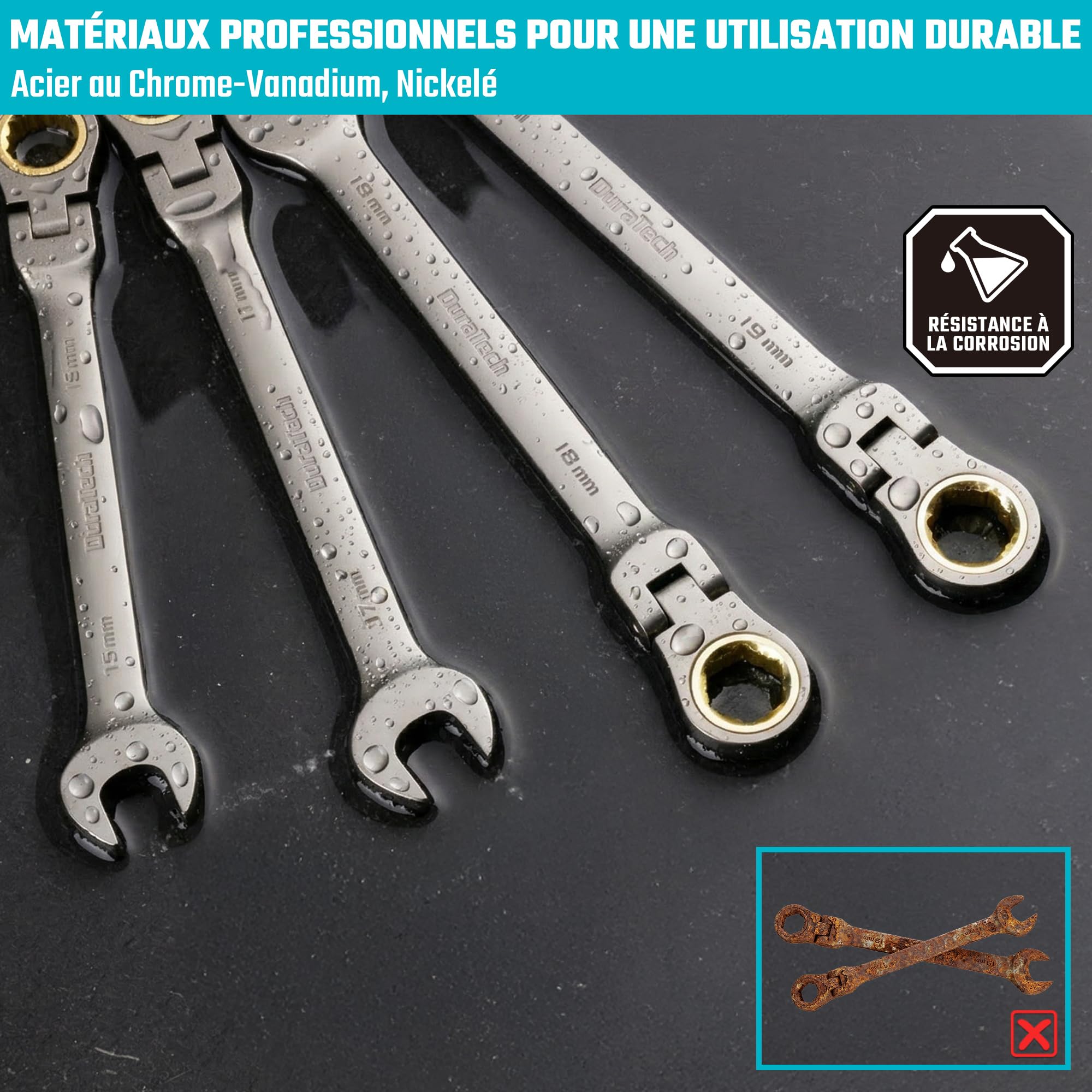 DURATECH Jeu de Clés à Cliquet Antidérapantes, 12 Pièces, 8-19 mm