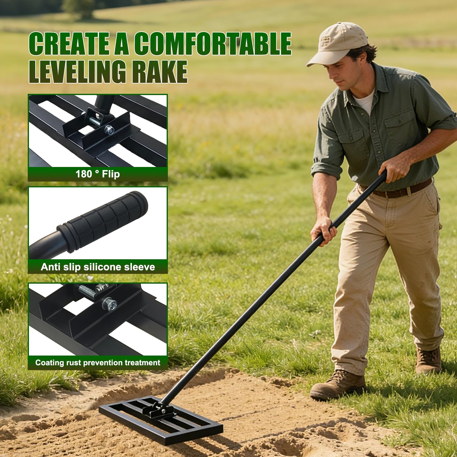 Rastrello professionale per livellare il prato, 43 cm x 25 cm, piastra in acciaio resistente, manico ergonomico da 180 cm per livellare il terreno senza sforzo in giardini, campi da golf e orti