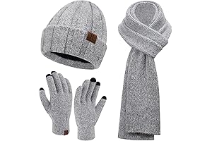 Womens Winter Warm Knit Beanie Hat Touchscreen Gloves Long Neck Scarf Set