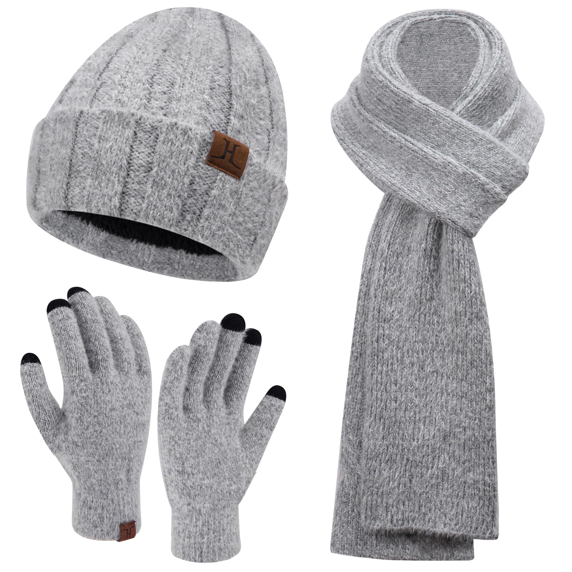 Womens Winter Warm Knit Beanie Hat Touchscreen Gloves Long Neck Scarf Set with Fleece Lined Skull Caps Gifts for Women