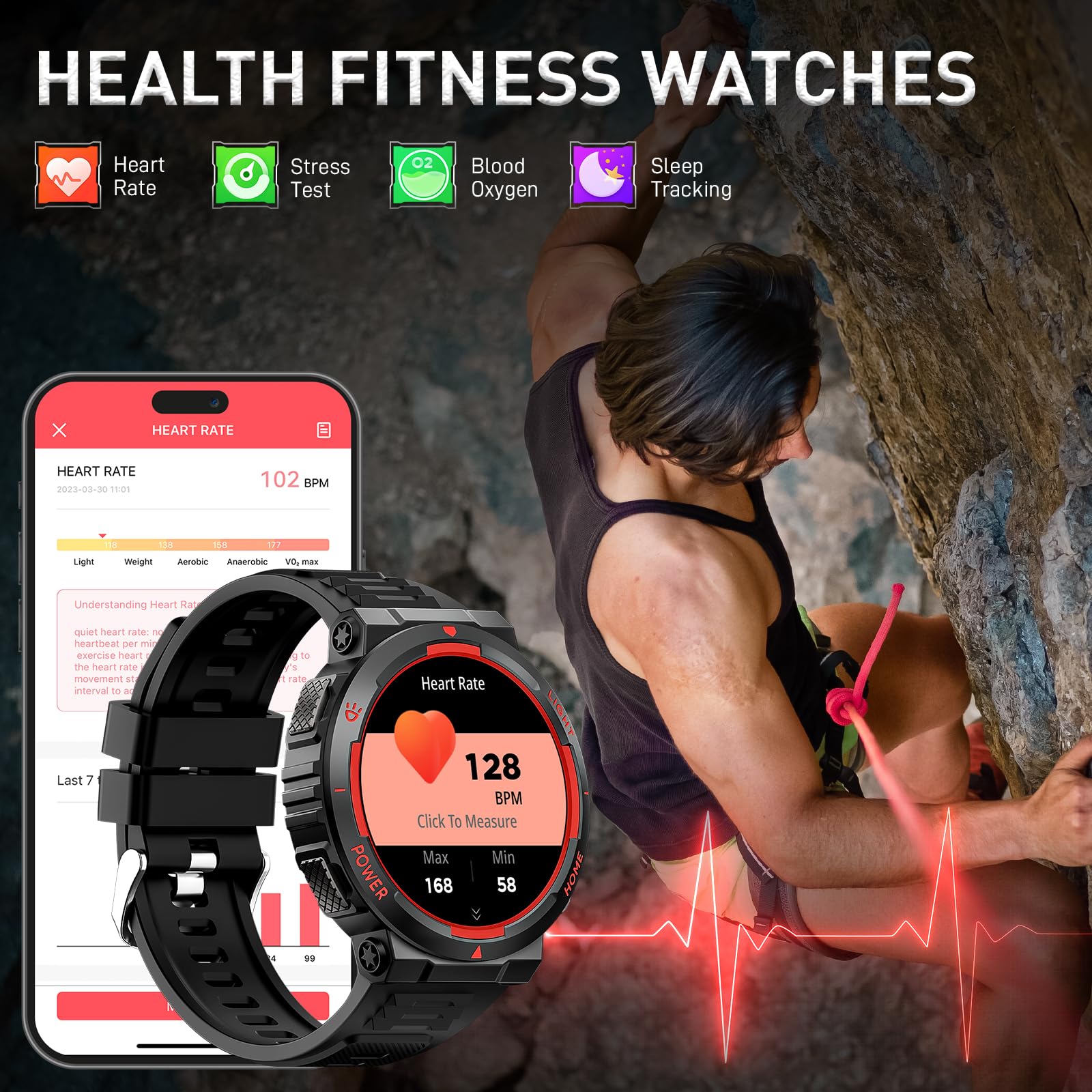 Orologio intelligente militare da uomo (rispondere/effettuare chiamate) con torcia LED 3ATM impermeabile Smartwatch con 100+ modalità sportive 1,54 pollici Fitness Tracker con cardiofrequenzimetro per