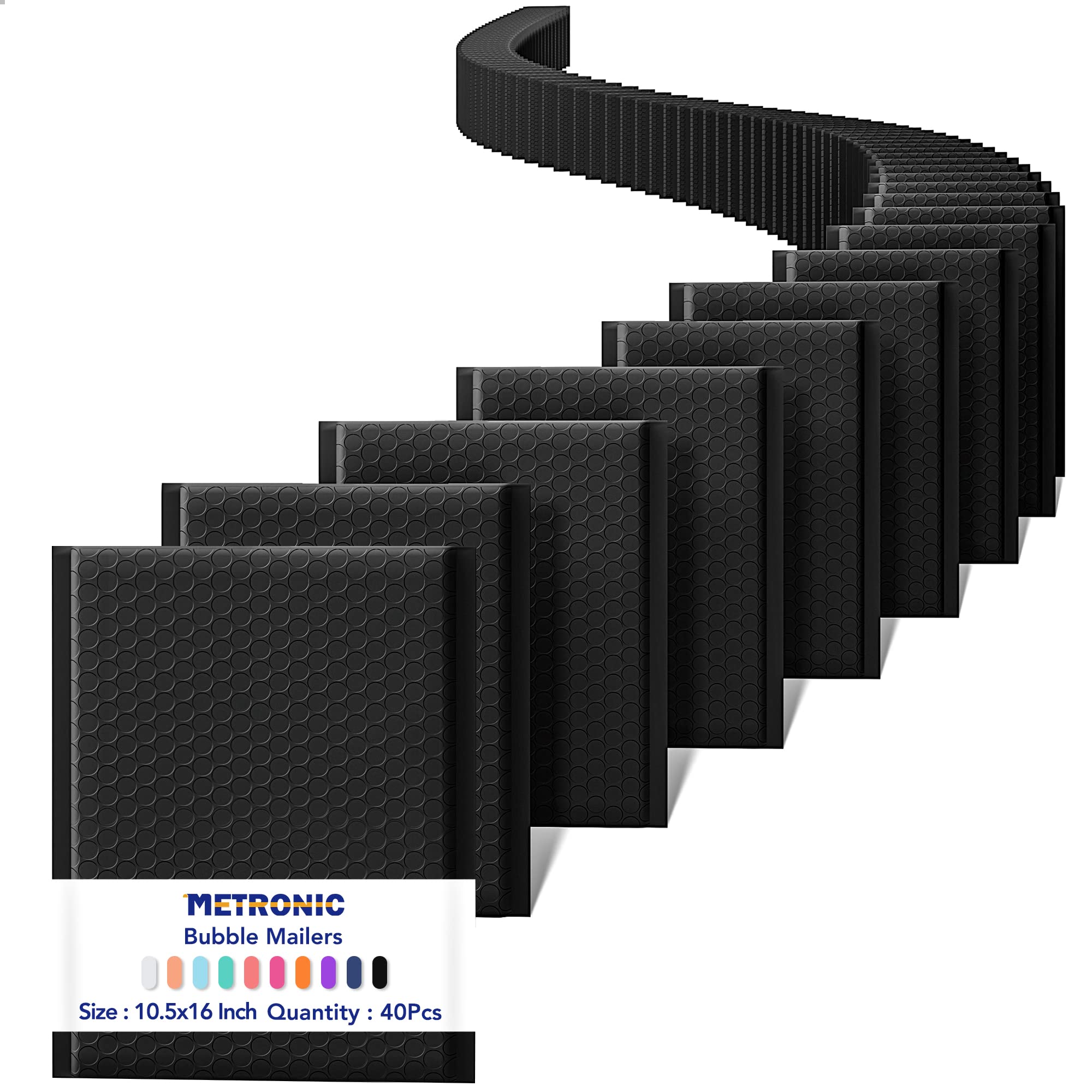 Metronic Large Bubble Mailers 10.5x16" 40 Pack Self Seal Black Padded Envelopes Strong Adhesion Mailing Envelopes Bubble Padded for Small Business