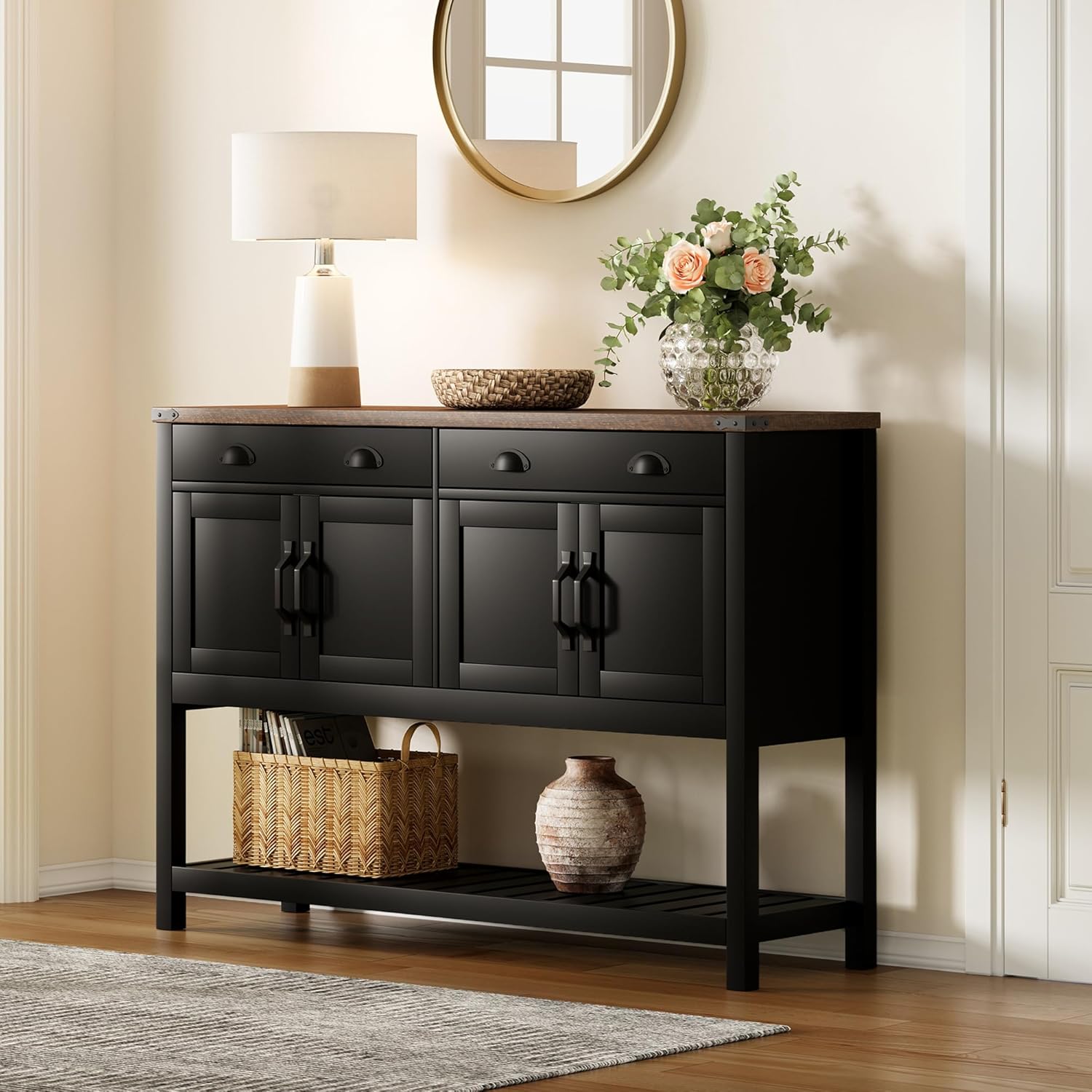 ChooChoo 47" Farmhouse Console Table with Storage, Rustic Entryway Table with Drawers & Doors, Narrow Long Sofa Table for Living Room, Hallway, Behind Couch, Soft White and Brown