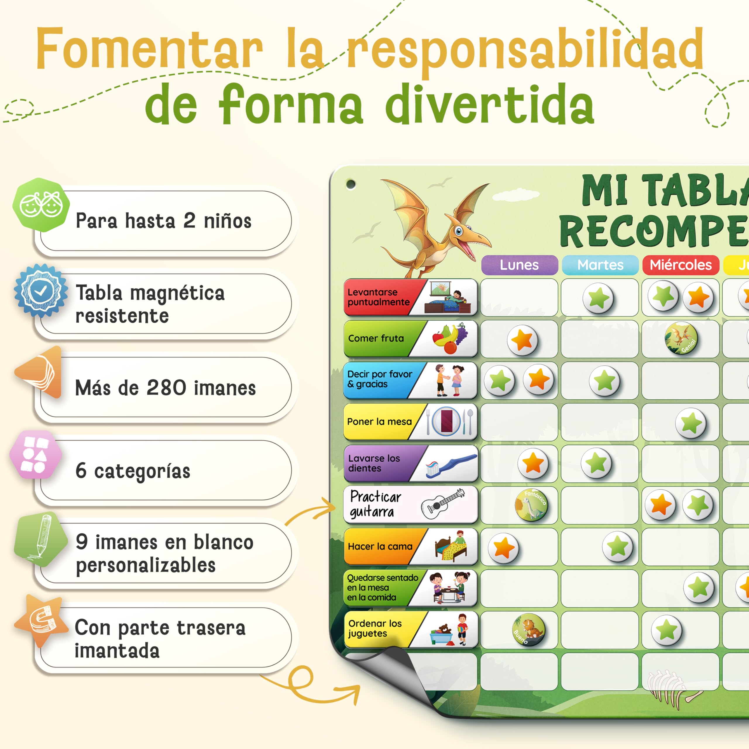 LIKARTO Tabla de Recompensas para Niños - Pizarra magnética con muchas tareas y 280 imanes - Inspira el buen comportamiento - Calendario educativo infantil - Verde — view 2