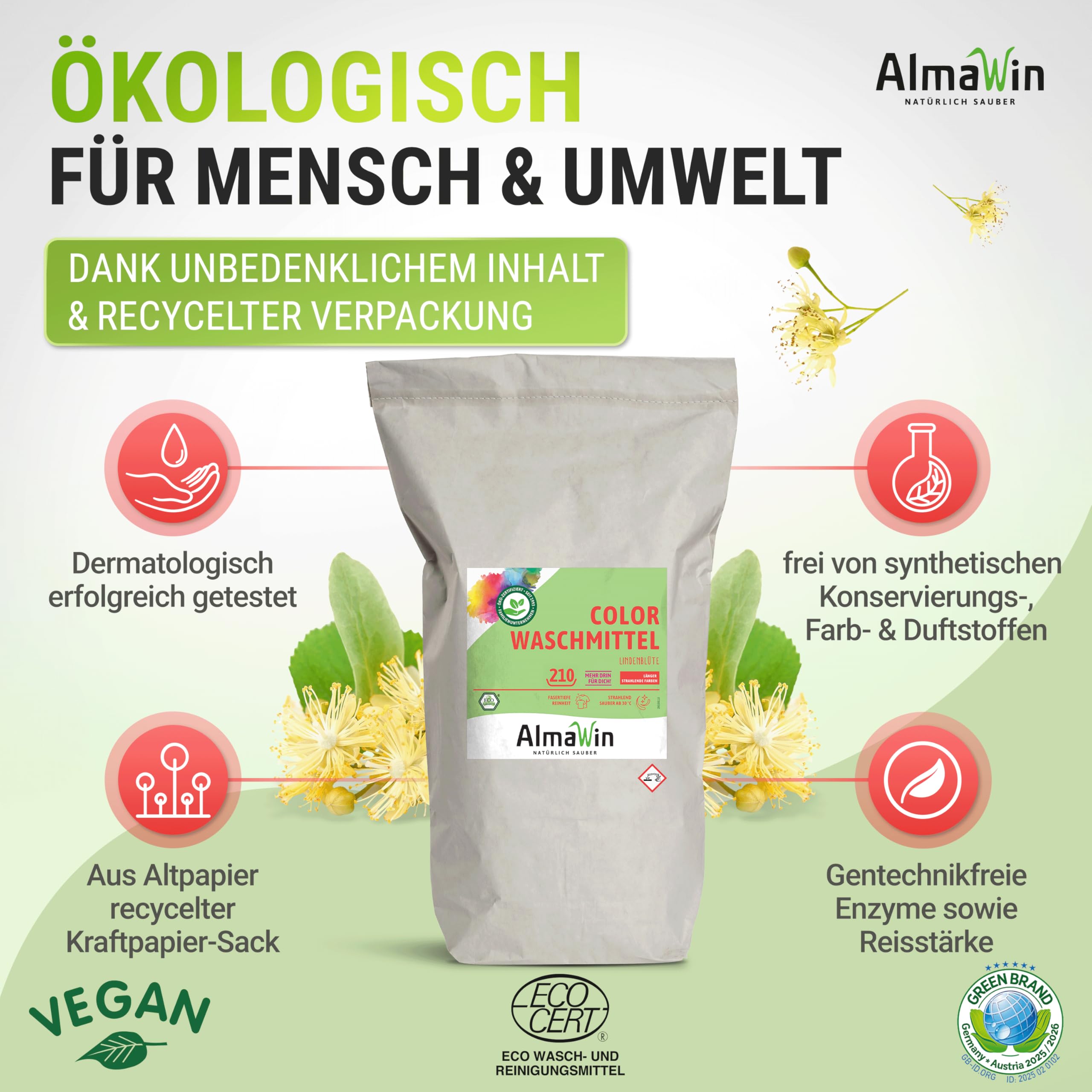 AlmaWin® Color Waschpulver [10kg - 210 Ladungen] mit Lindenblüten-Duft für strahlende Reinheit – Öko Waschmittel Pulver Color anwendbar für 30-60°C – Veganes Bunt-Waschpulver