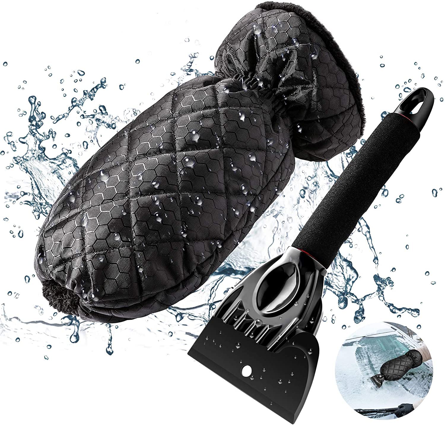 Car Ice Scraper, Snow Scraper Tool with Warm & Waterproof Glove for Windshield, Windscreen, Frost Day, black