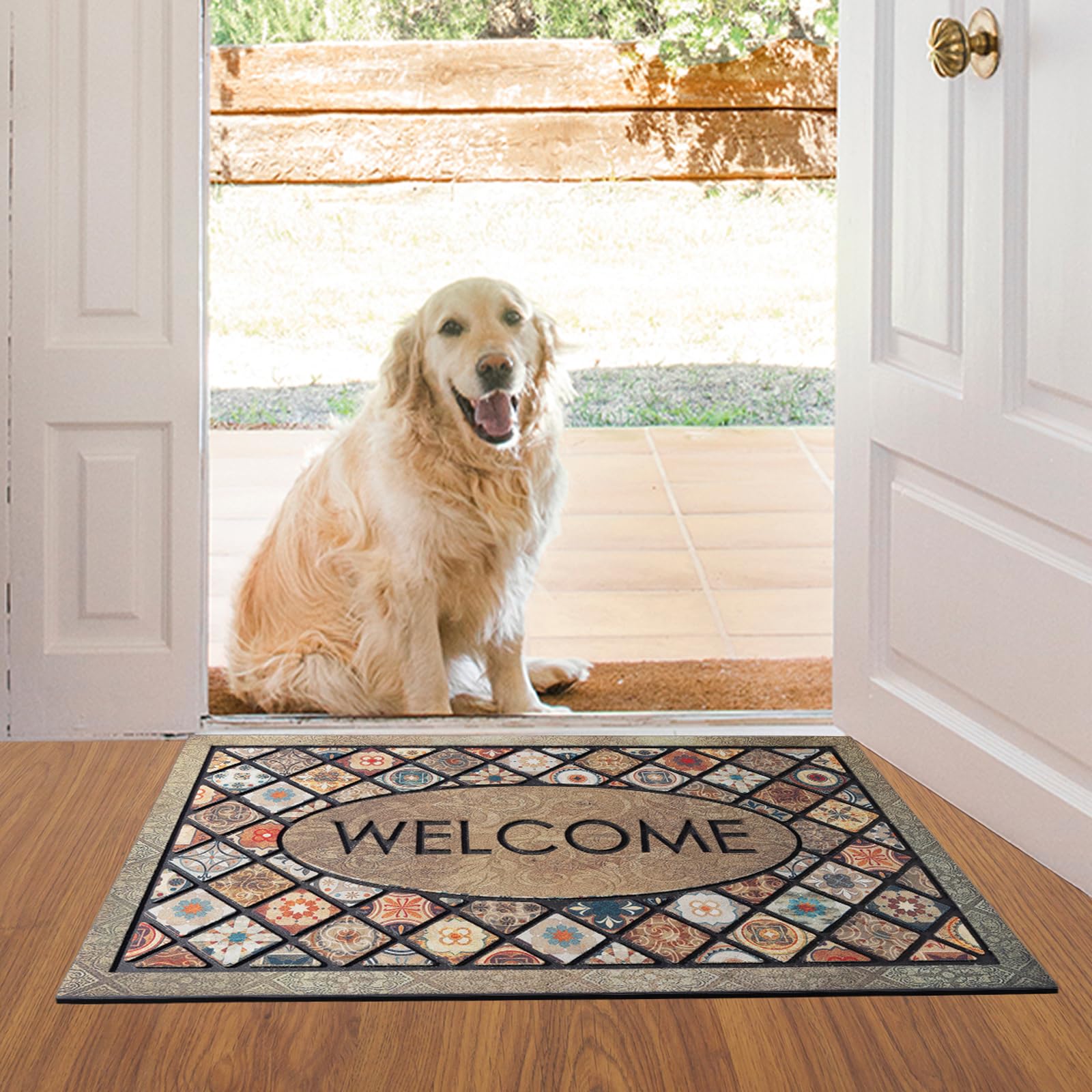 Durable Welcome Door Mats 24”x36” Large Front Door Mat Heavy Duty Outdoor Mat for Home Entrance Non-Slip Rubber Outside Door Mat Entryway Floor Mats，Flower