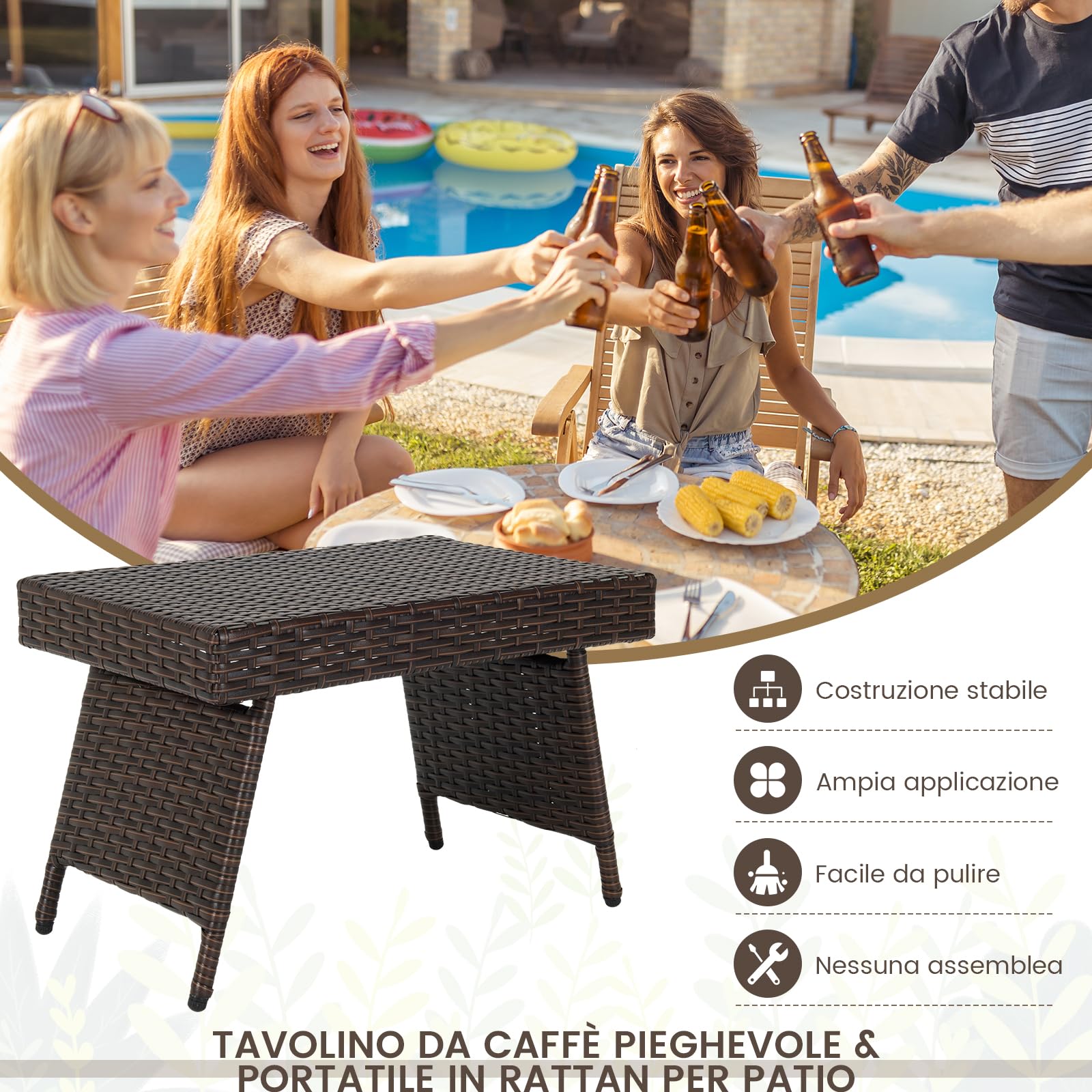 GYMAX Tavolino da Esterno in Rattan, Tavolino Basso e Pieghevole, Tavolino da Caffè Richiudibile, Moderno e Elegante, Ideale per Balcone, Giardino e Cortile, 60 x 40 x 40 cm, Marrone