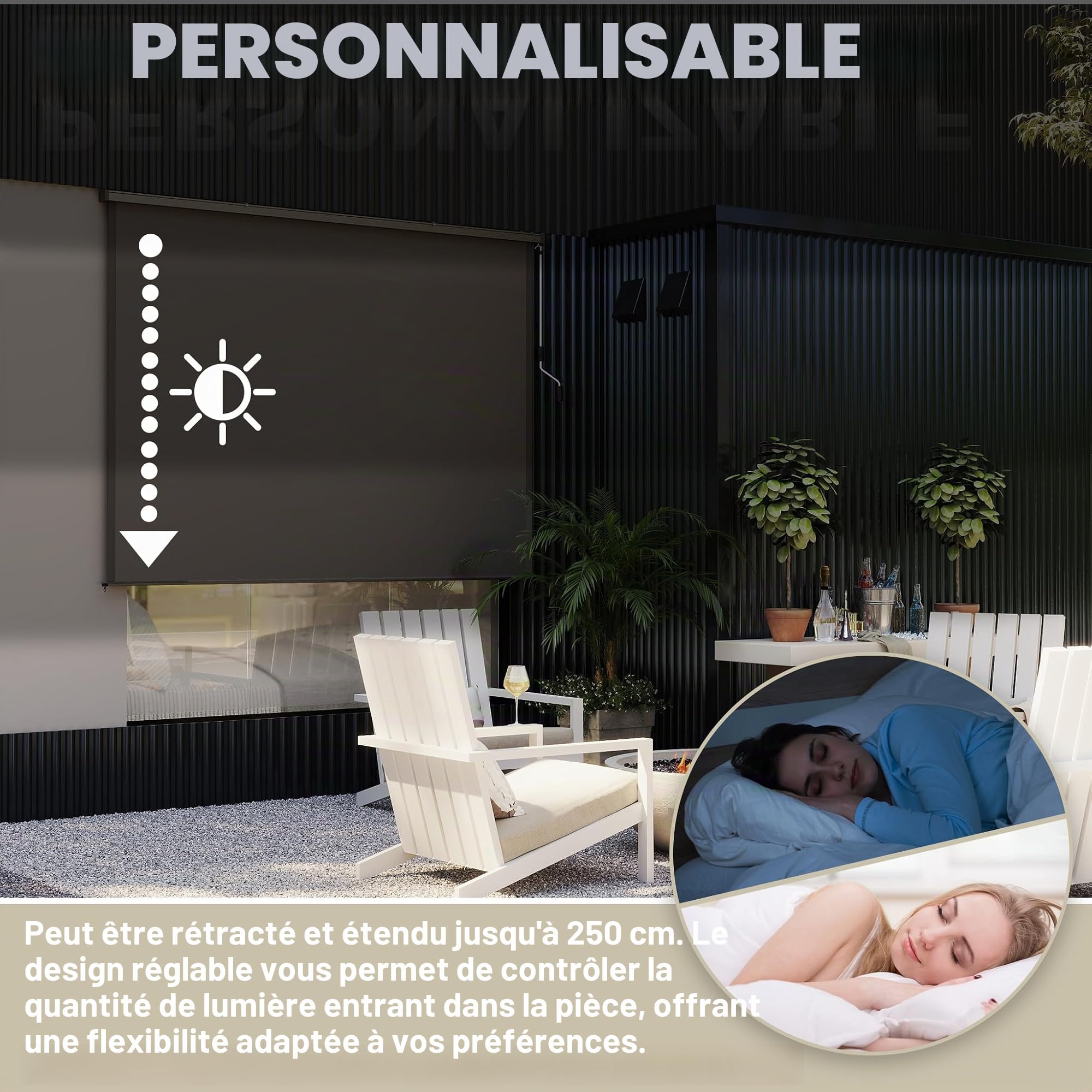LZQ Store vertical 180 x 250 cm – Store extérieur résistant aux intempéries avec manivelle – Brise-vue et protection solaire – Convient pour terrasse, jardin et fenêtre – Store vertical robuste
