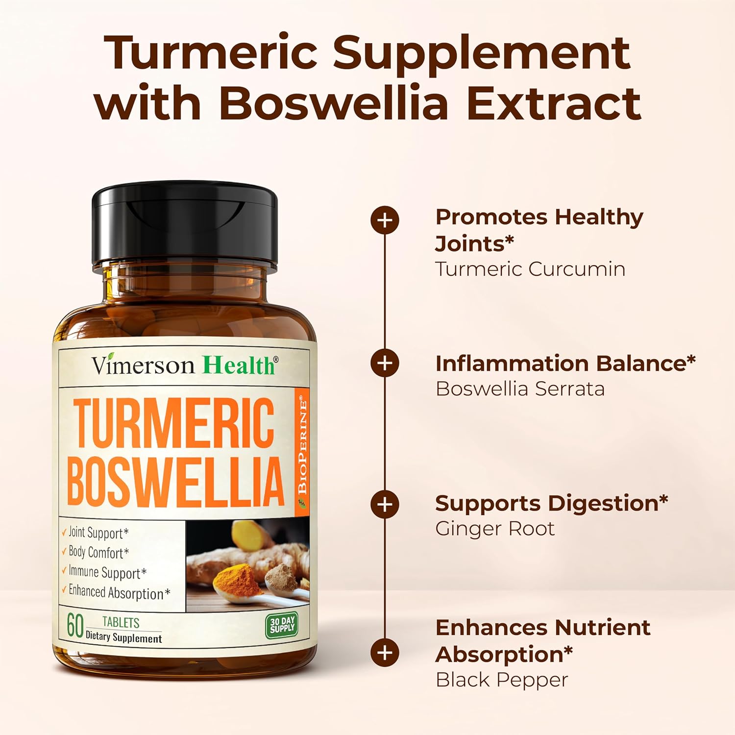 Turmeric Supplement w/Boswellia Serrata – Daily Support for Joint Health & Comfort – Organic Turmeric Curcumin Powder, Bioperine for Enhanced Absorption & Ginger Root – 60 Boswellia Extract Tablets - Image 5